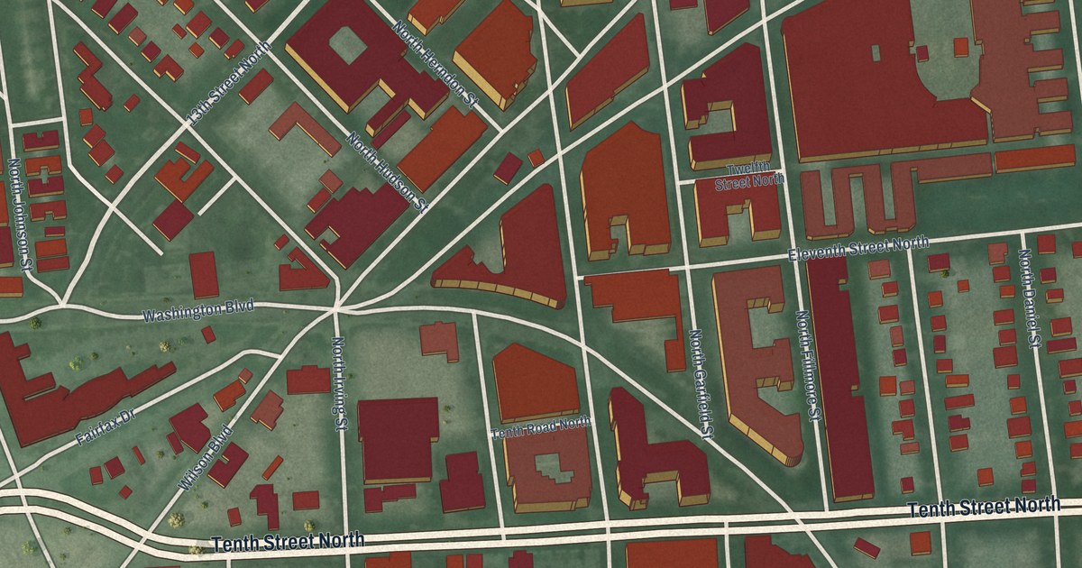 Close-up of streets and buildings in Clarendon, Virginia