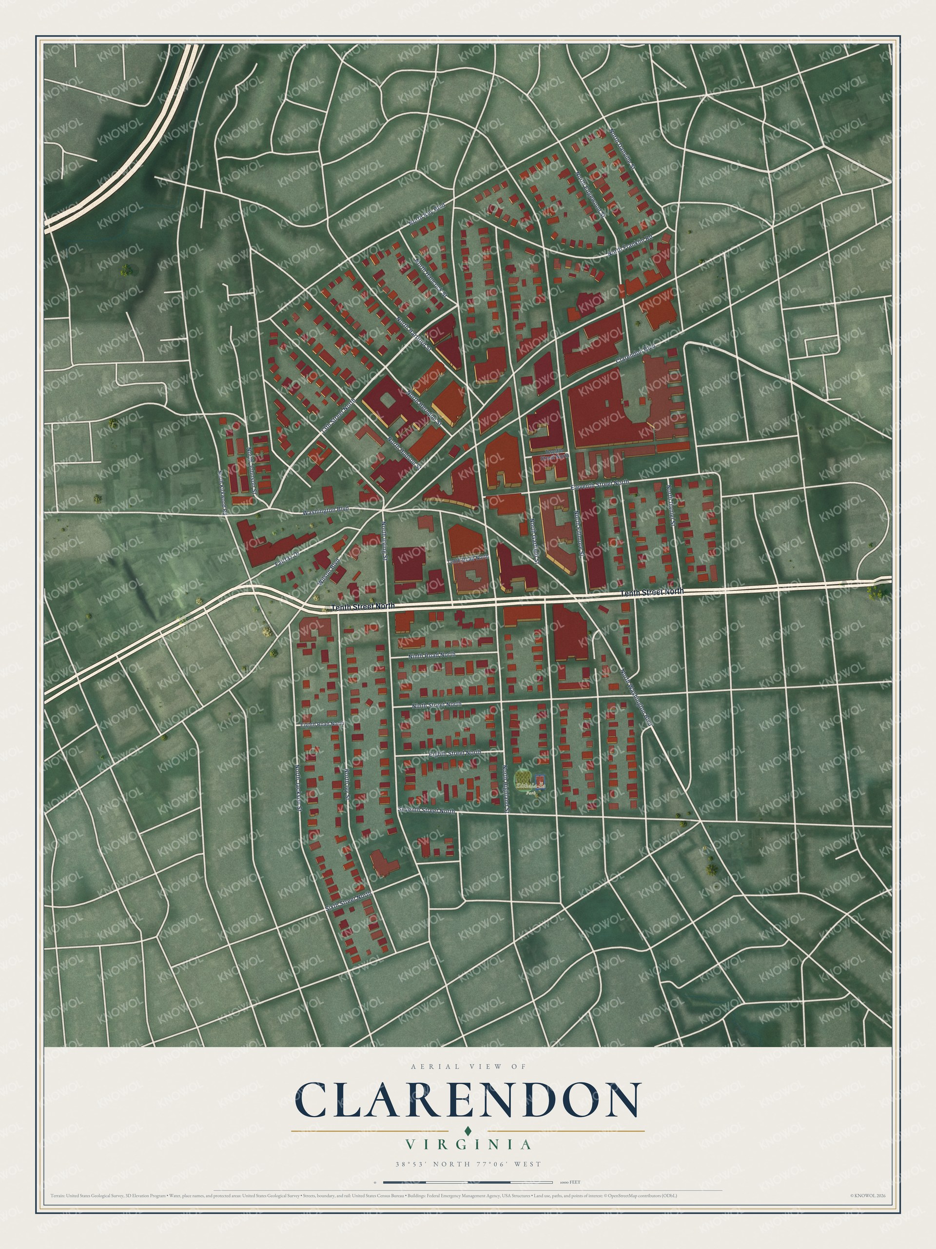 Full map of Clarendon, Virginia, with red buildings, printed street names and the land around them