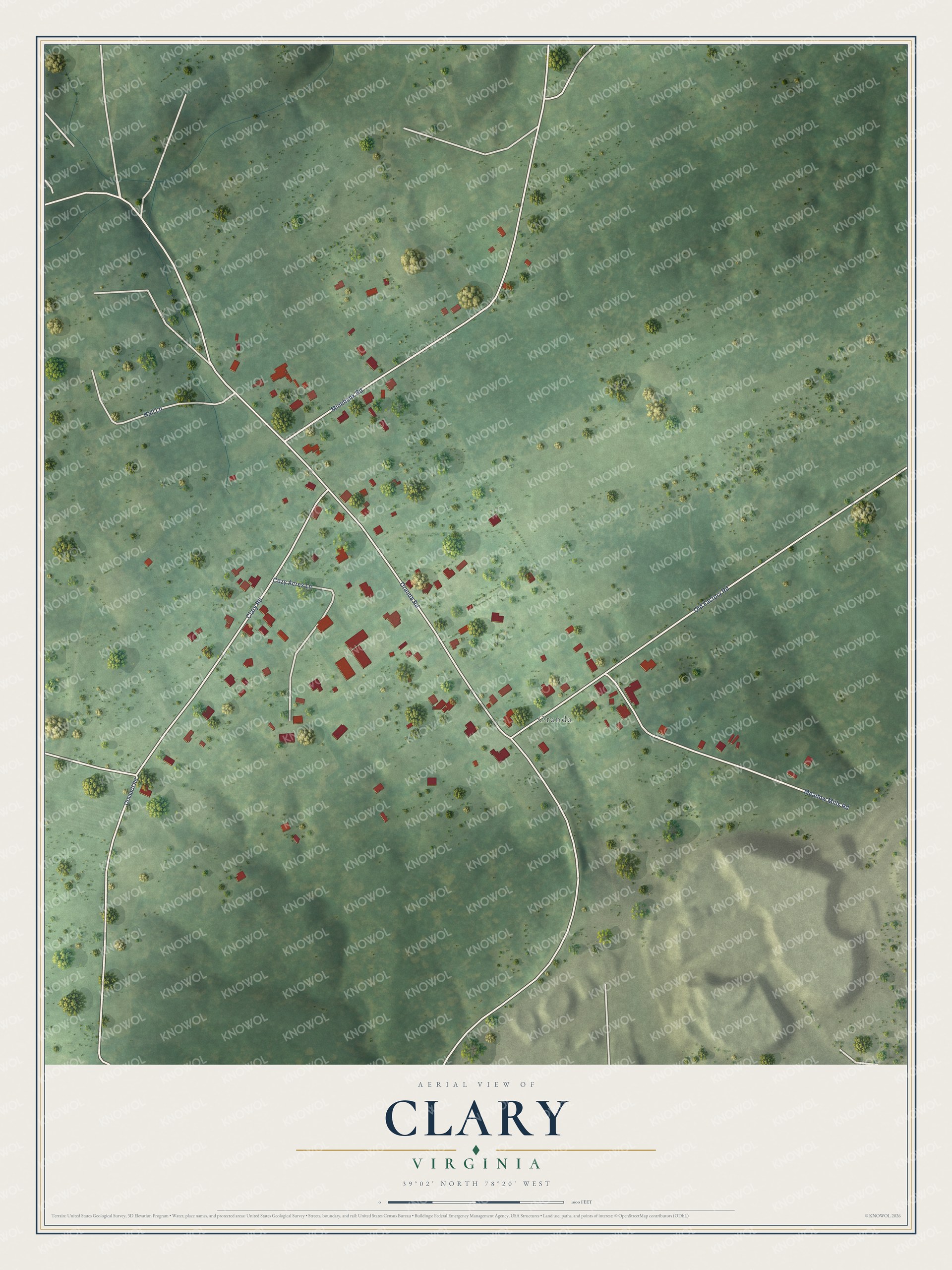 Full map of Clary, Virginia, with red buildings, printed street names and the land around them