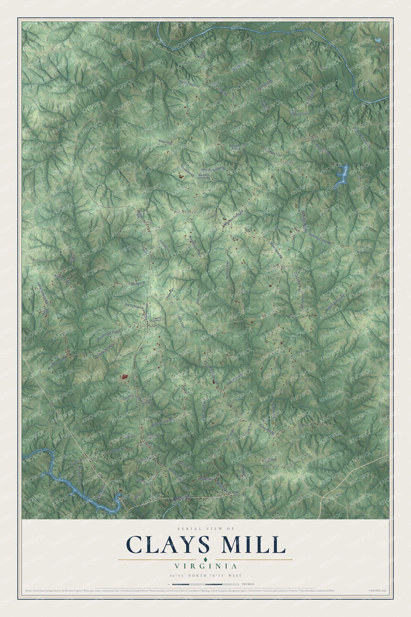 Full map of Clays Mill, Virginia, with red buildings, printed street names and the land around them
