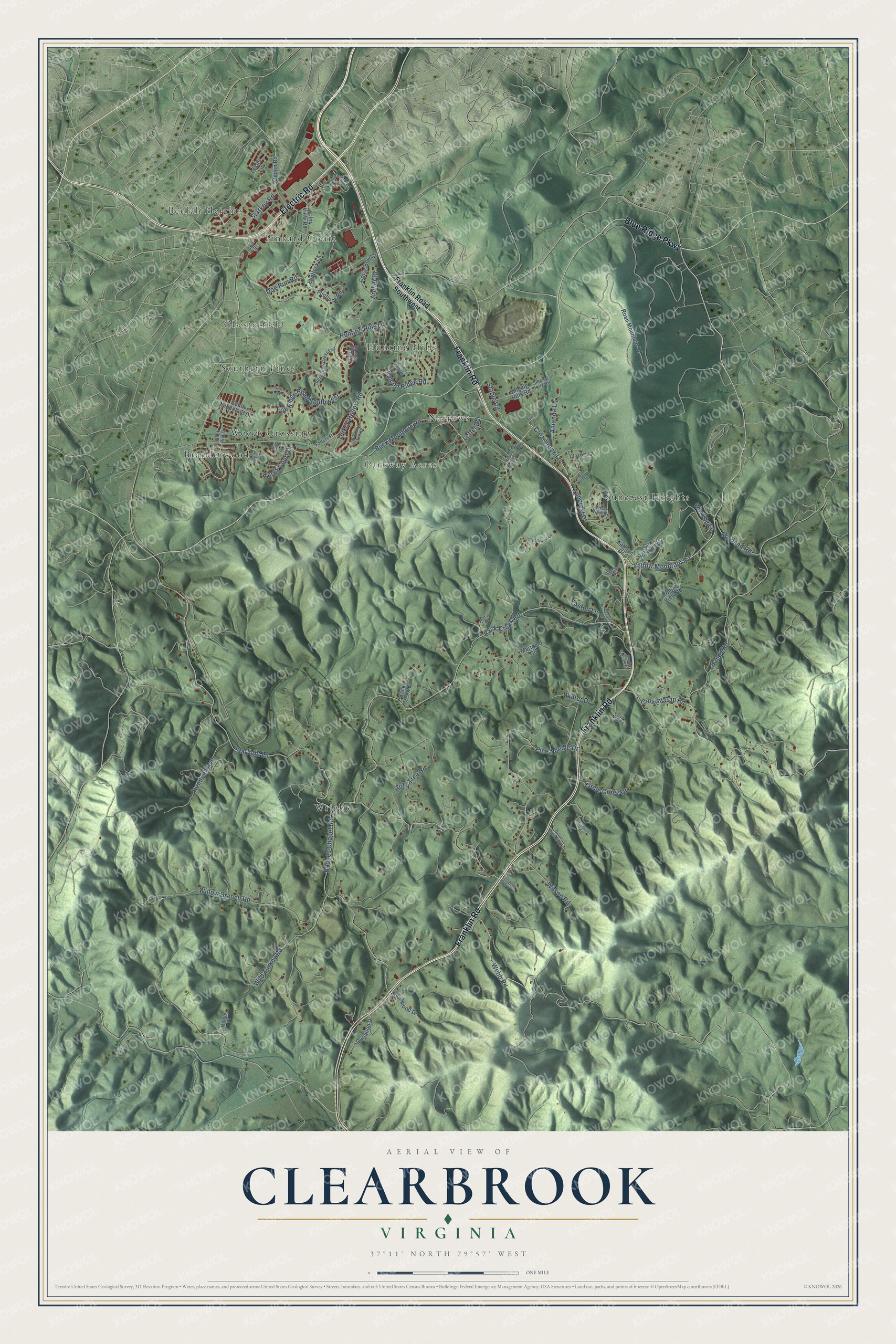 Full map of Clearbrook, Virginia, with red buildings, printed street names and the land around them
