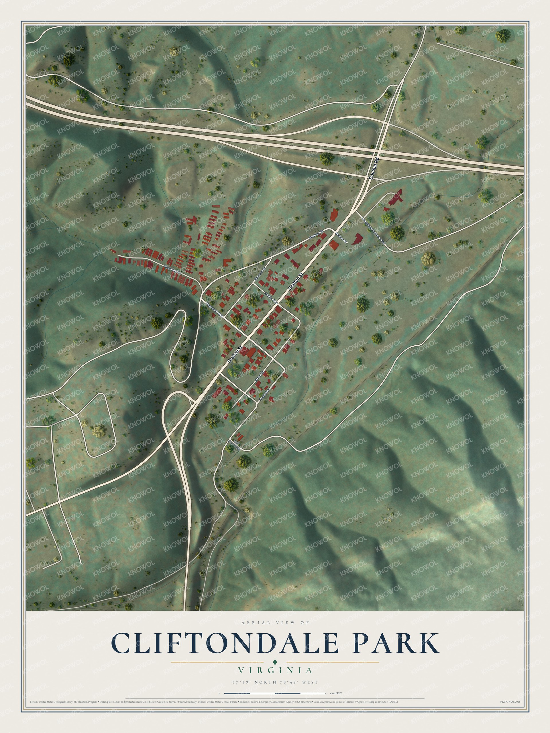 Full map of Cliftondale Park, Virginia, with red buildings, printed street names and the land around them