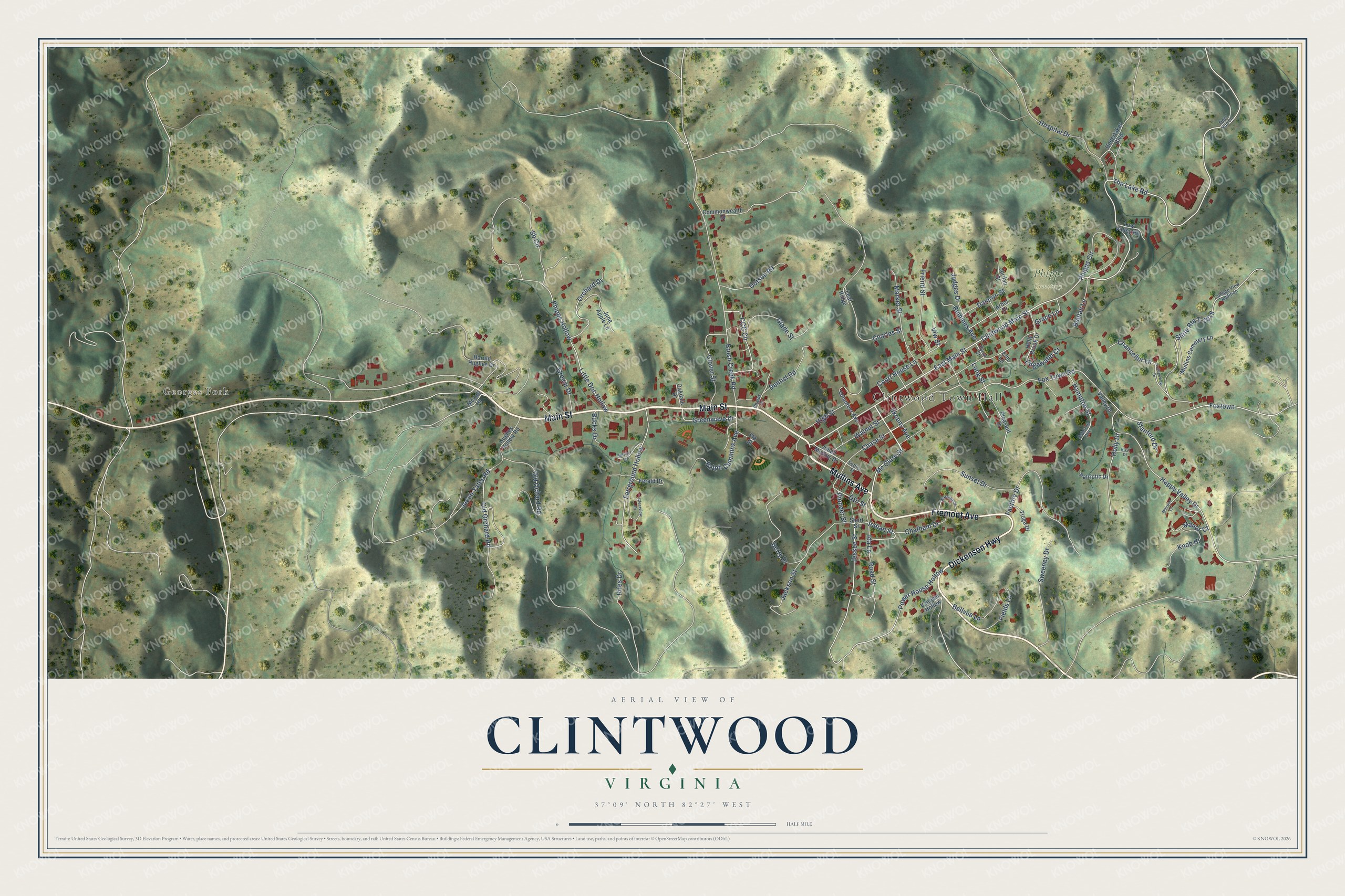 Full map of Clintwood, Virginia, with red buildings, printed street names and the land around them