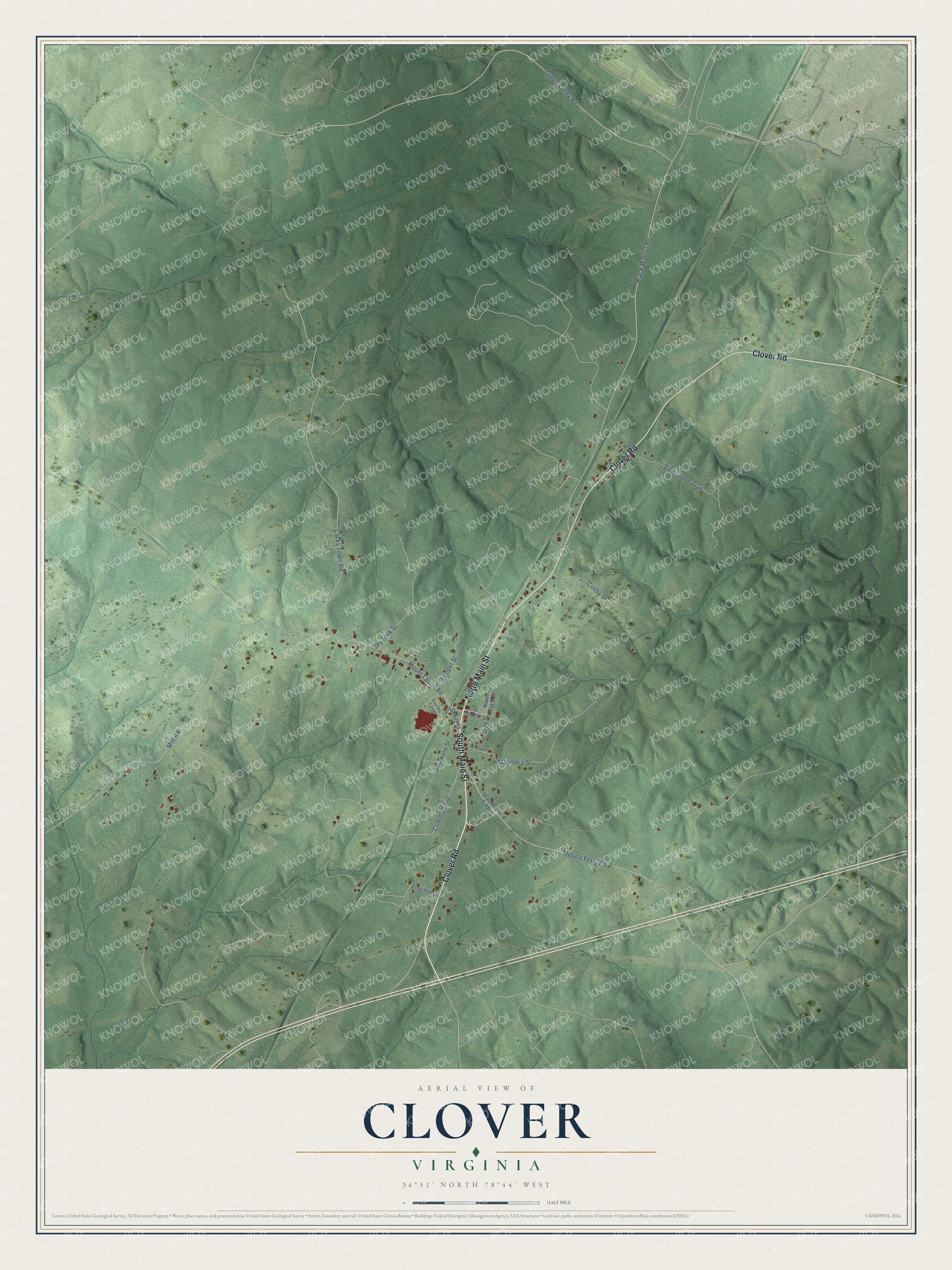Full map of Clover, Virginia, with red buildings, printed street names and the land around them