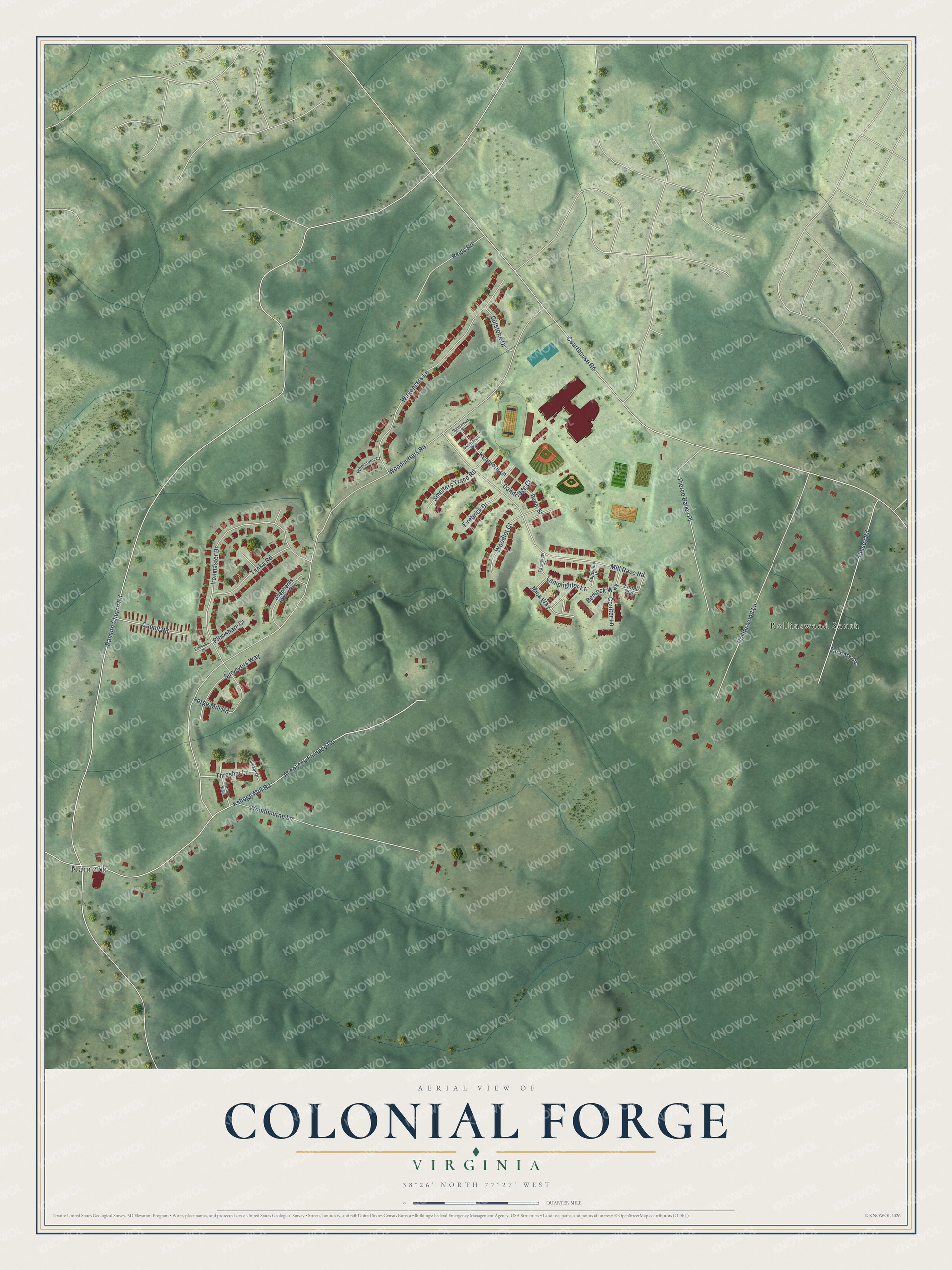 Full map of Colonial Forge, Virginia, with red buildings, printed street names and the land around them