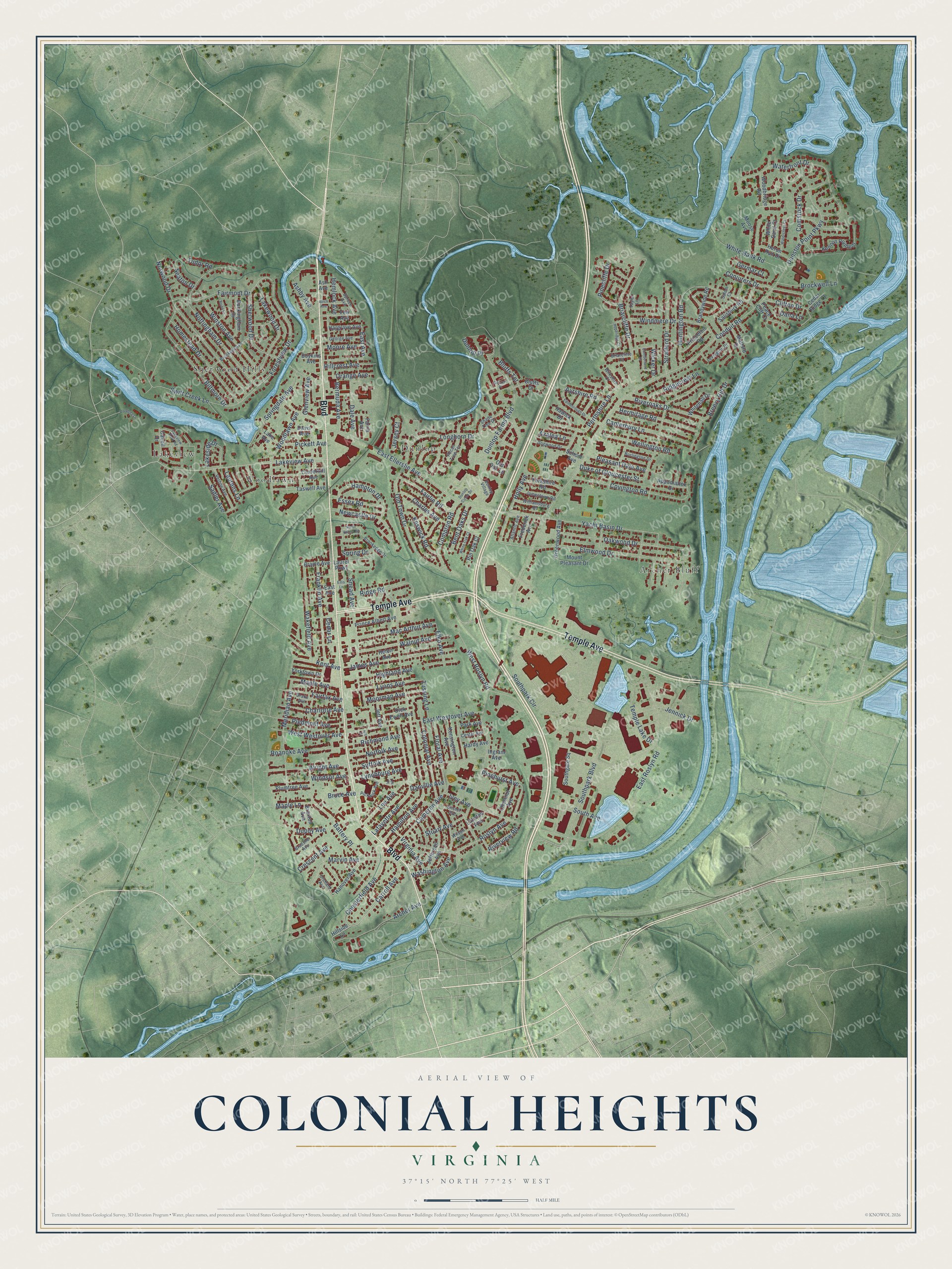 Full map of Colonial Heights, Virginia, with red buildings, printed street names and the land around them