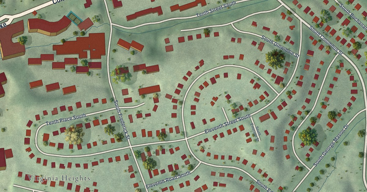 Close-up of streets and buildings in Columbia Forest, Virginia