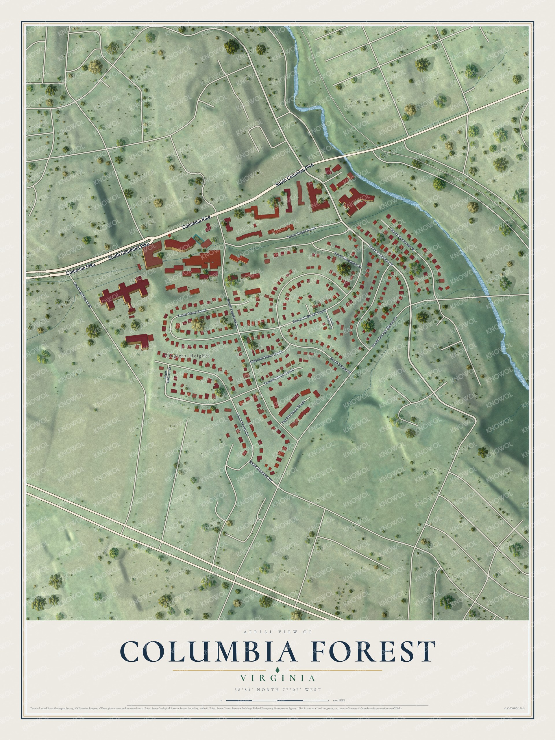 Full map of Columbia Forest, Virginia, with red buildings, printed street names and the land around them