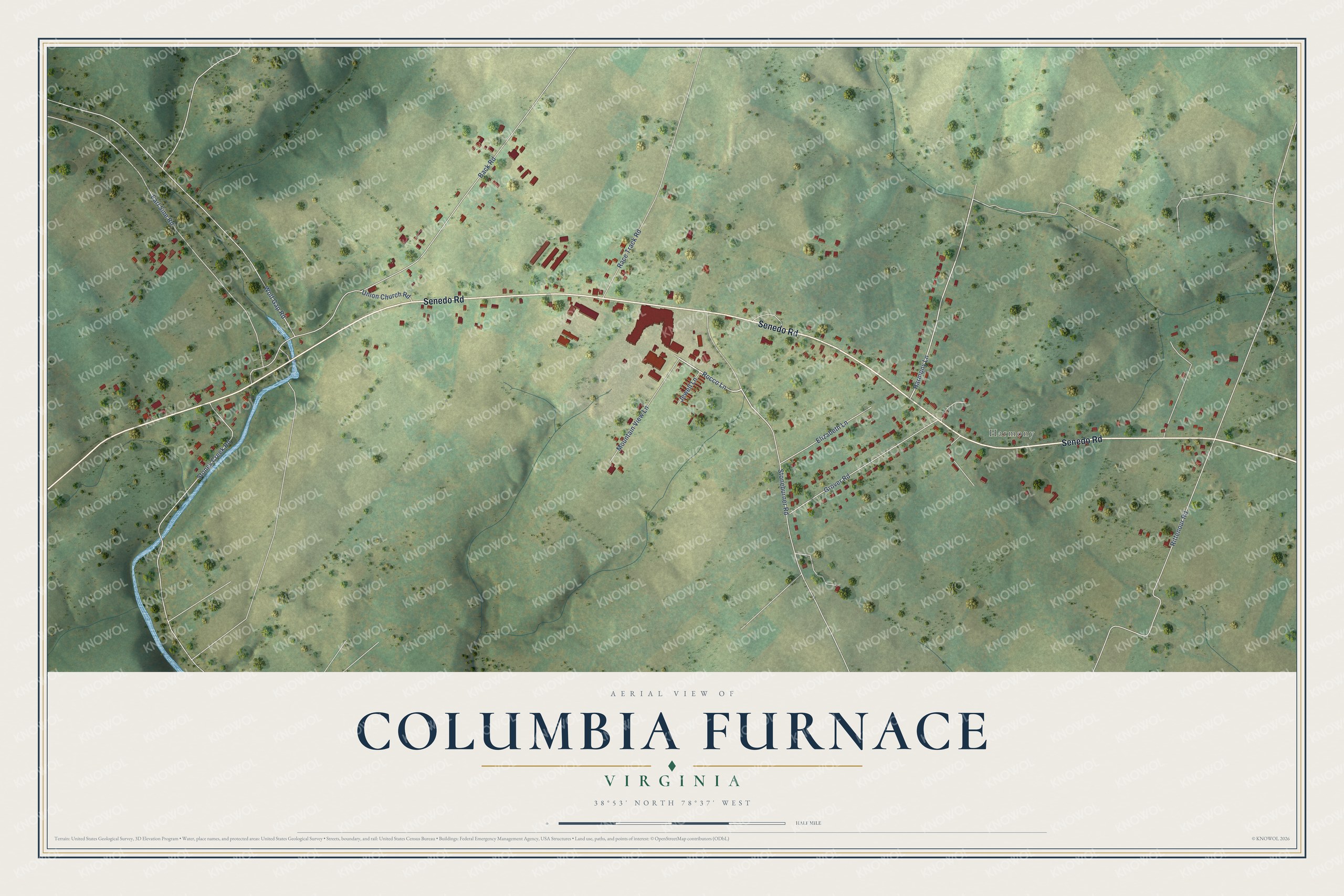 Full map of Columbia Furnace, Virginia, with red buildings, printed street names and the land around them