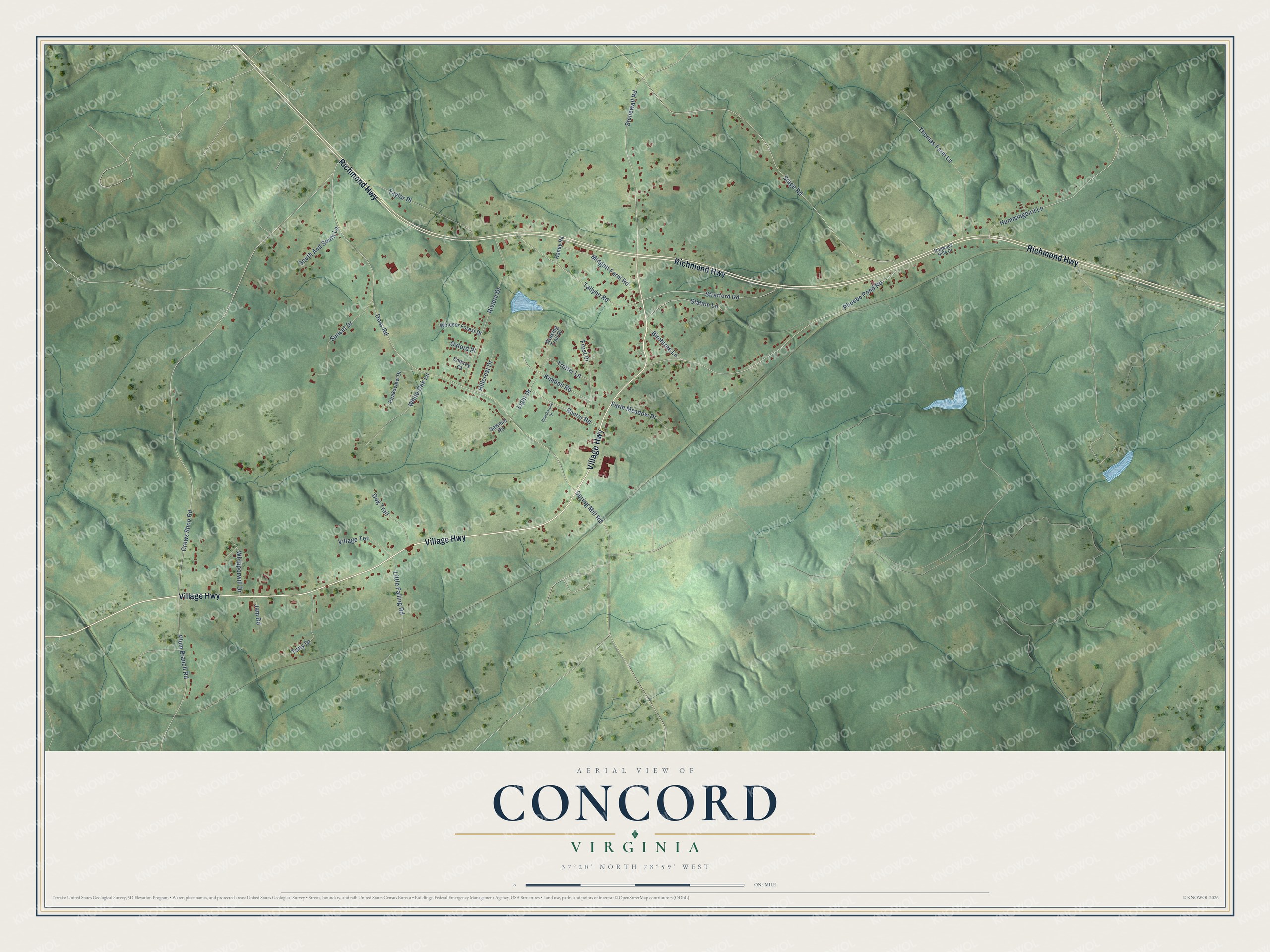 Full map of Concord, Virginia, with red buildings, printed street names and the land around them