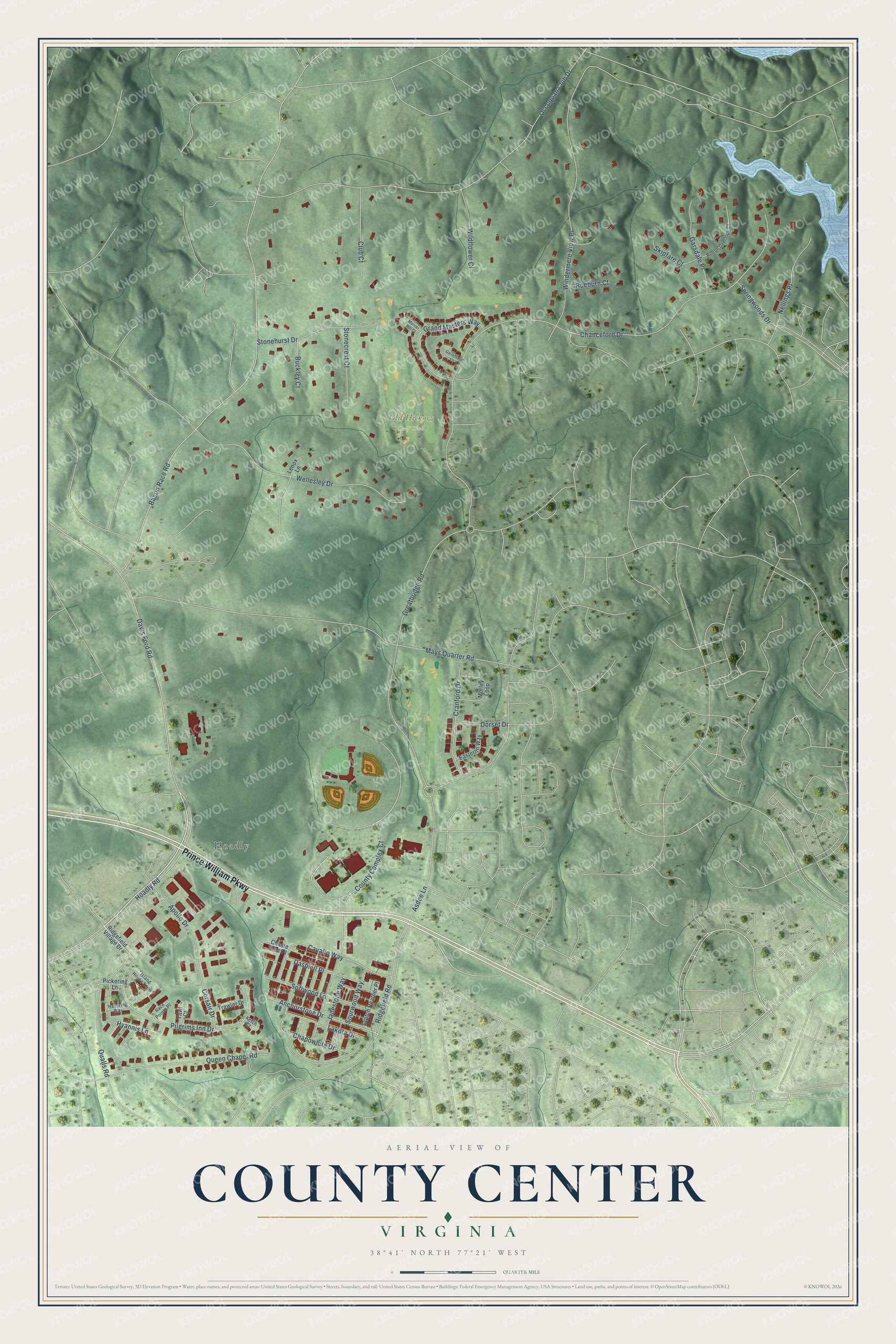 Full map of County Center, Virginia, with red buildings, printed street names and the land around them