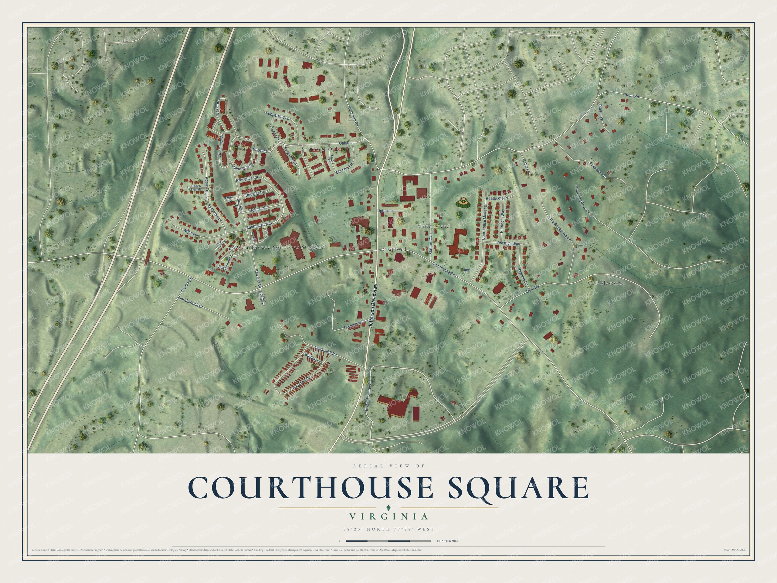 Full map of Courthouse Square, Virginia, with red buildings, printed street names and the land around them