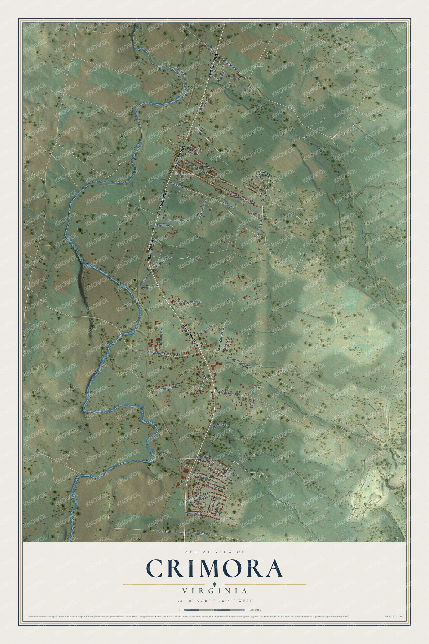 Full map of Crimora, Virginia, with red buildings, printed street names and the land around them