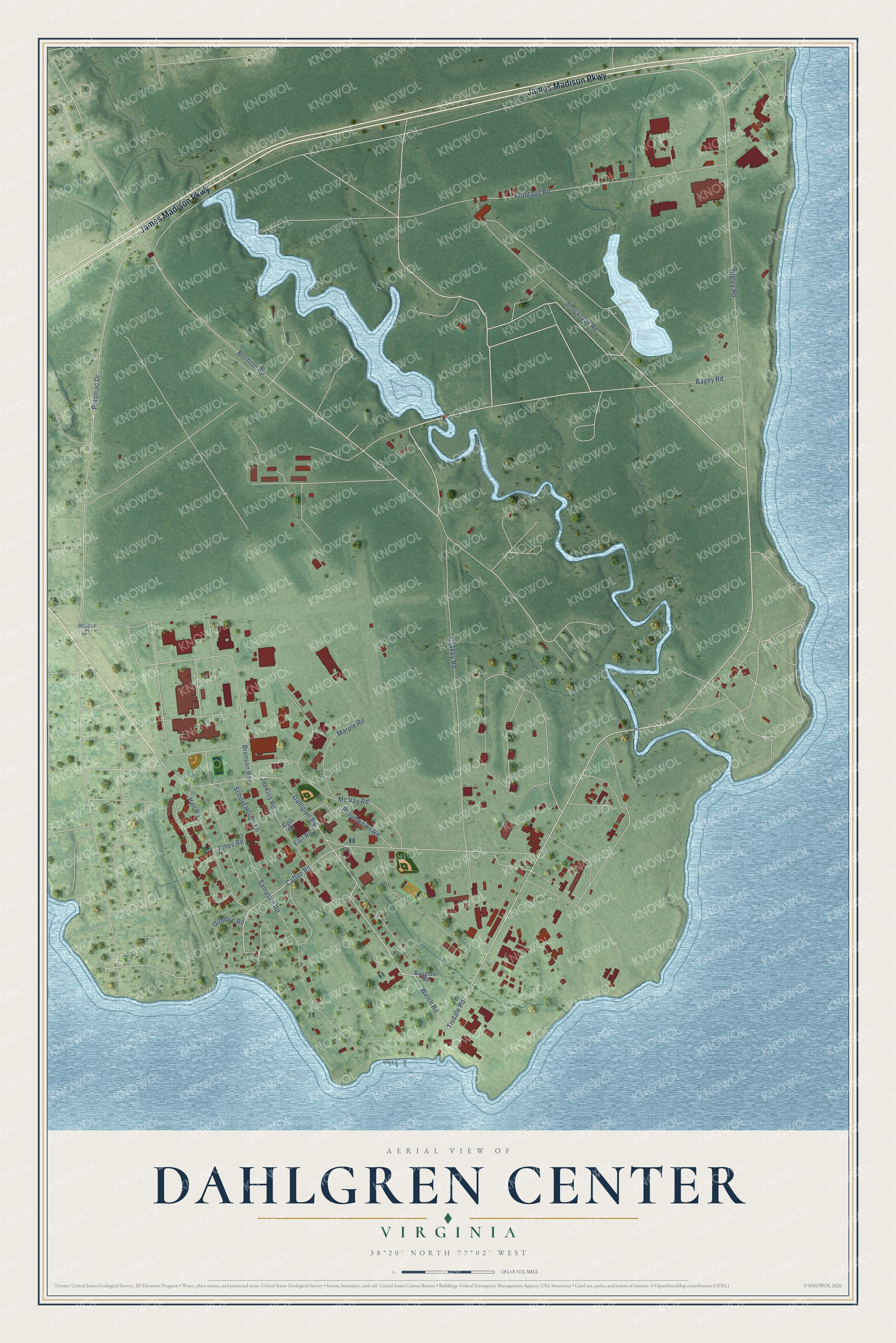Full map of Dahlgren Center, Virginia, with red buildings, printed street names and the land around them