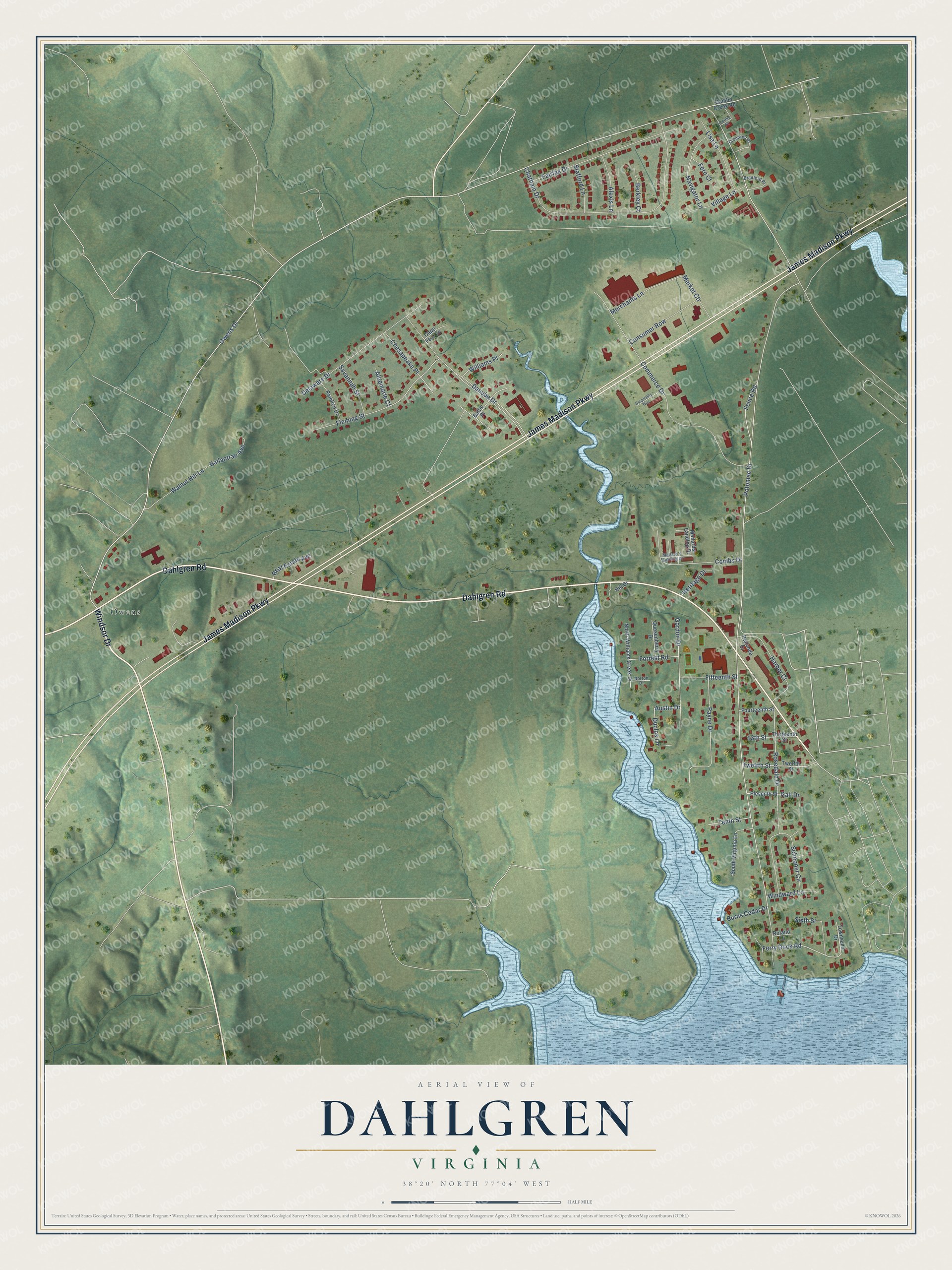 Full map of Dahlgren, Virginia, with red buildings, printed street names and the land around them