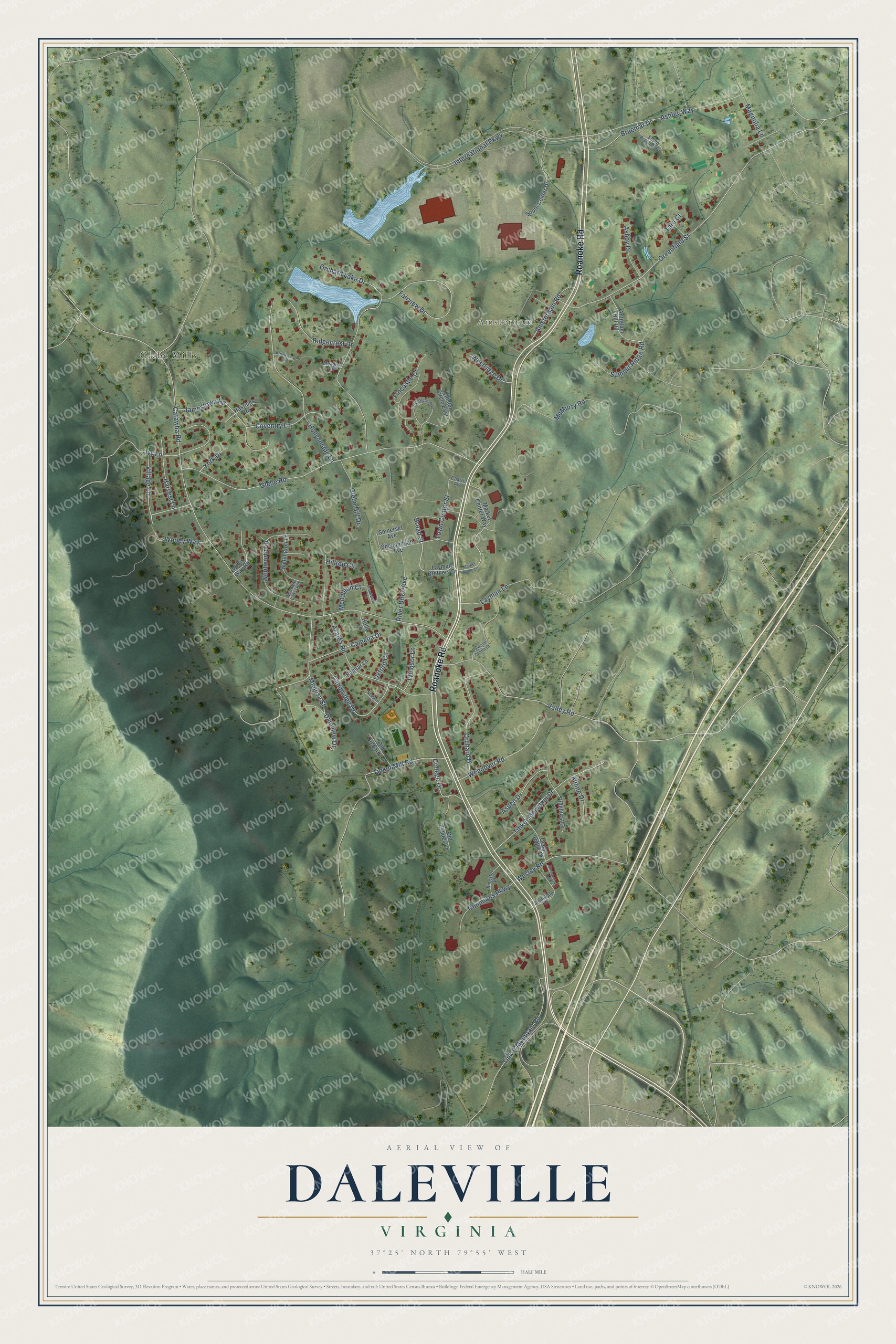 Full map of Daleville, Virginia, with red buildings, printed street names and the land around them