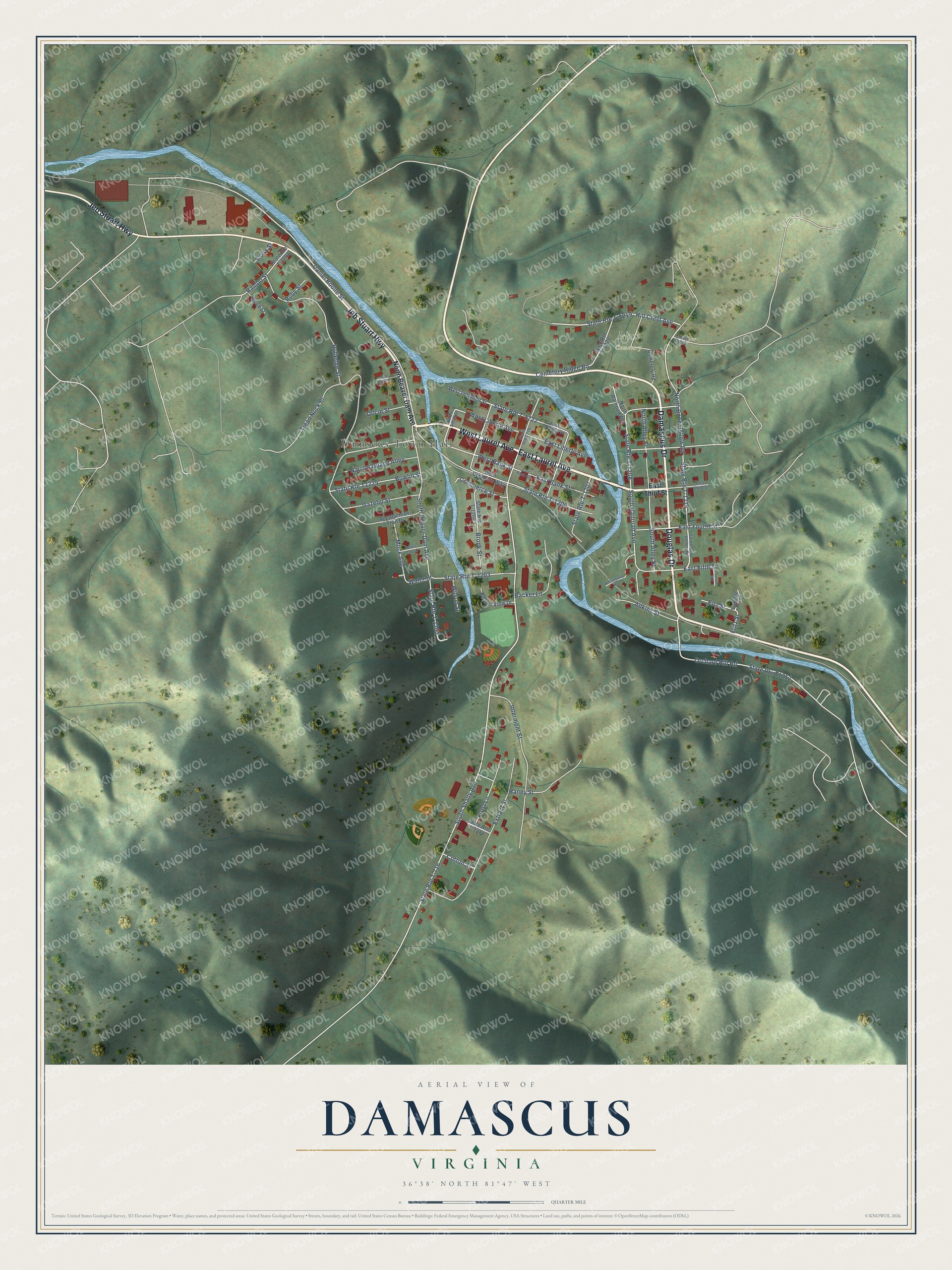 Full map of Damascus, Virginia, with red buildings, printed street names and the land around them