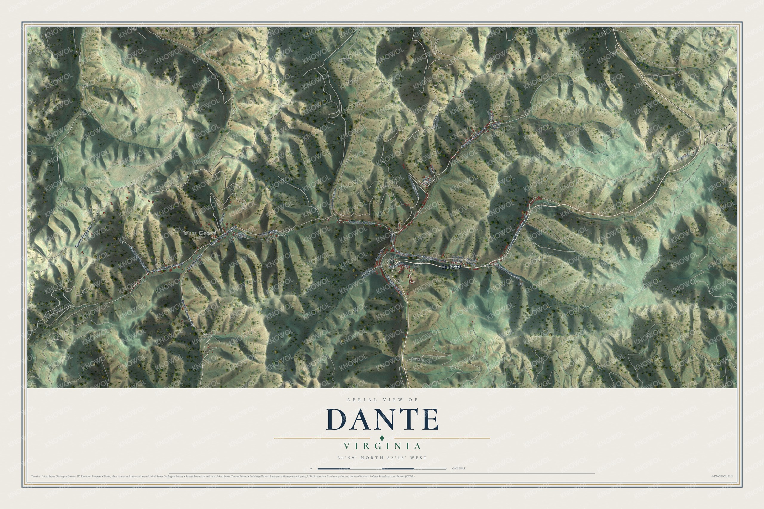 Full map of Dante, Virginia, with red buildings, printed street names and the land around them