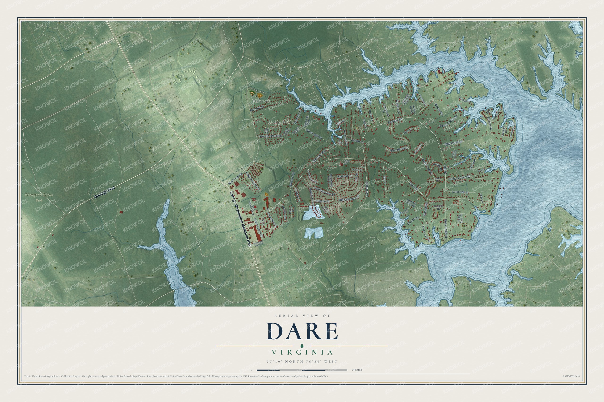 Full map of Dare, Virginia, with red buildings, printed street names and the land around them