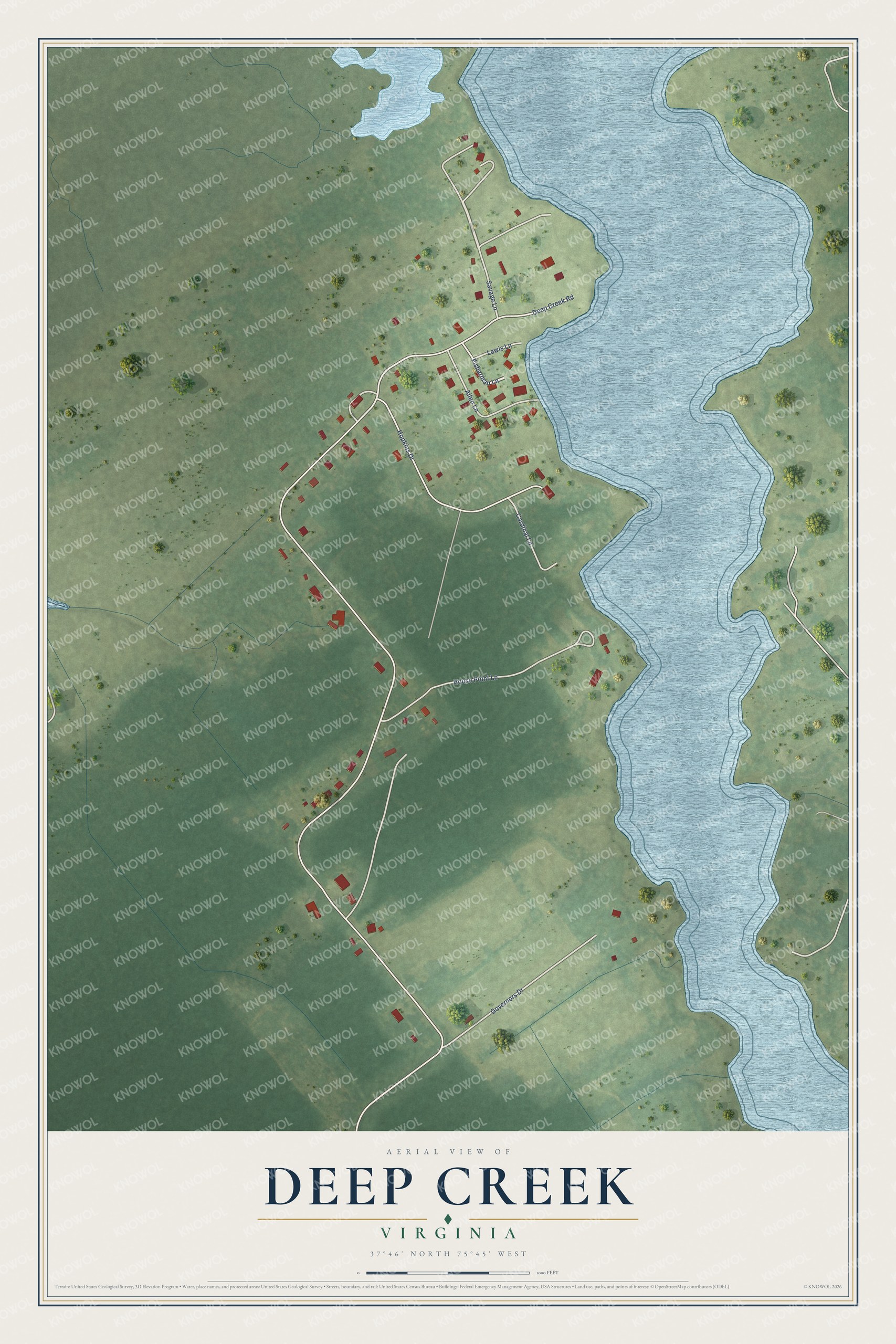 Full map of Deep Creek, Virginia, with red buildings, printed street names and the land around them