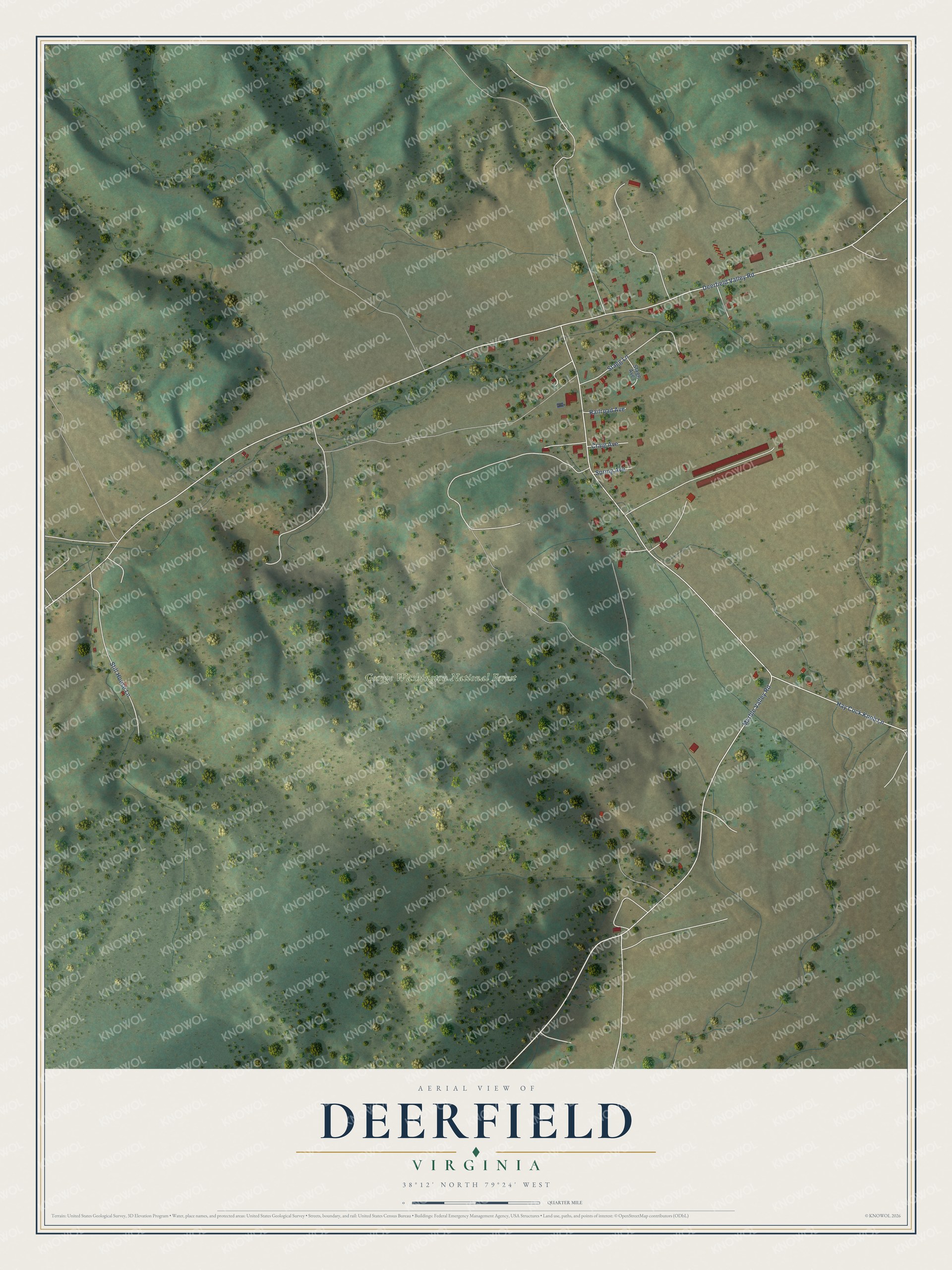 Full map of Deerfield, Virginia, with red buildings, printed street names and the land around them