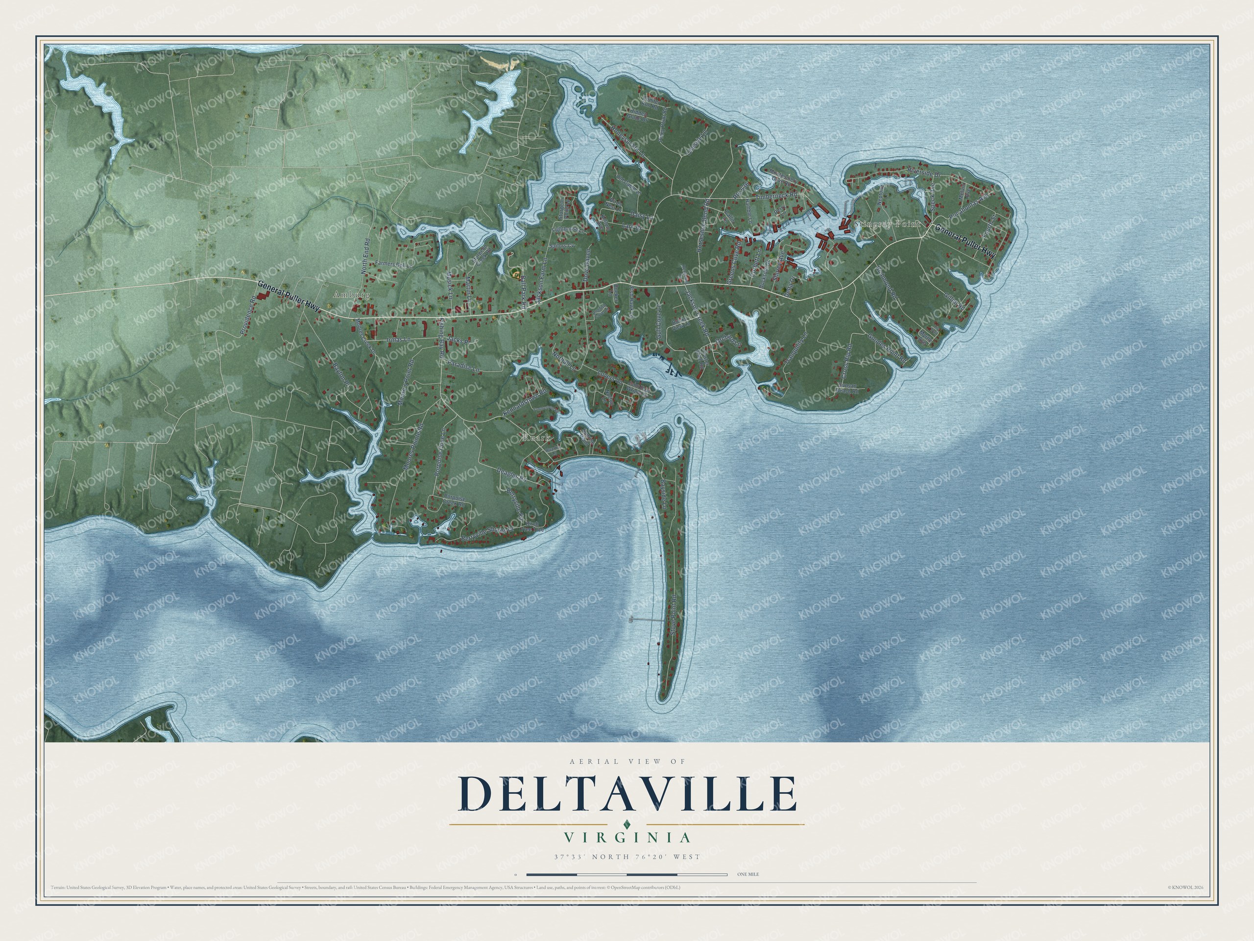 Full map of Deltaville, Virginia, with red buildings, printed street names and the land around them