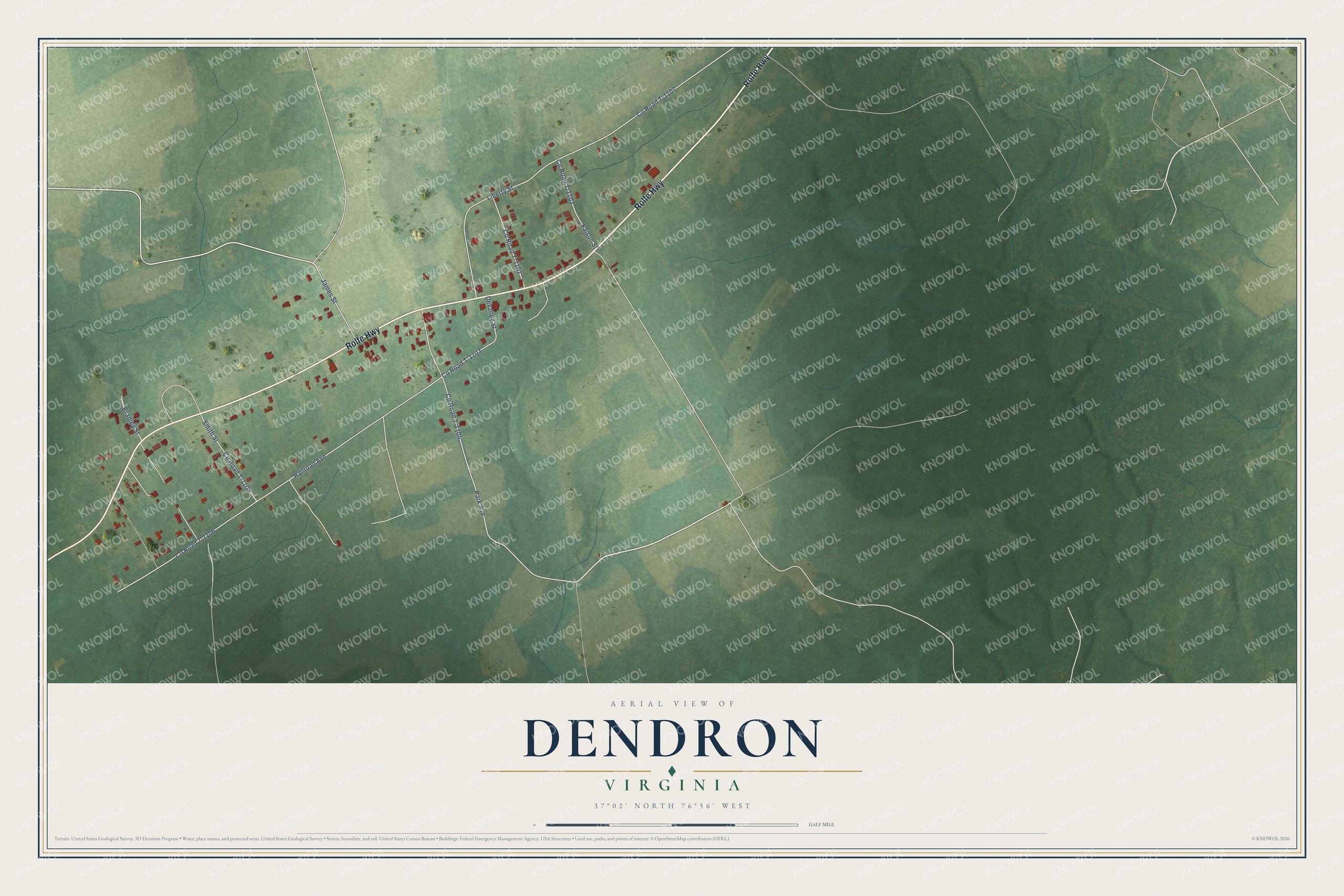 Full map of Dendron, Virginia, with red buildings, printed street names and the land around them