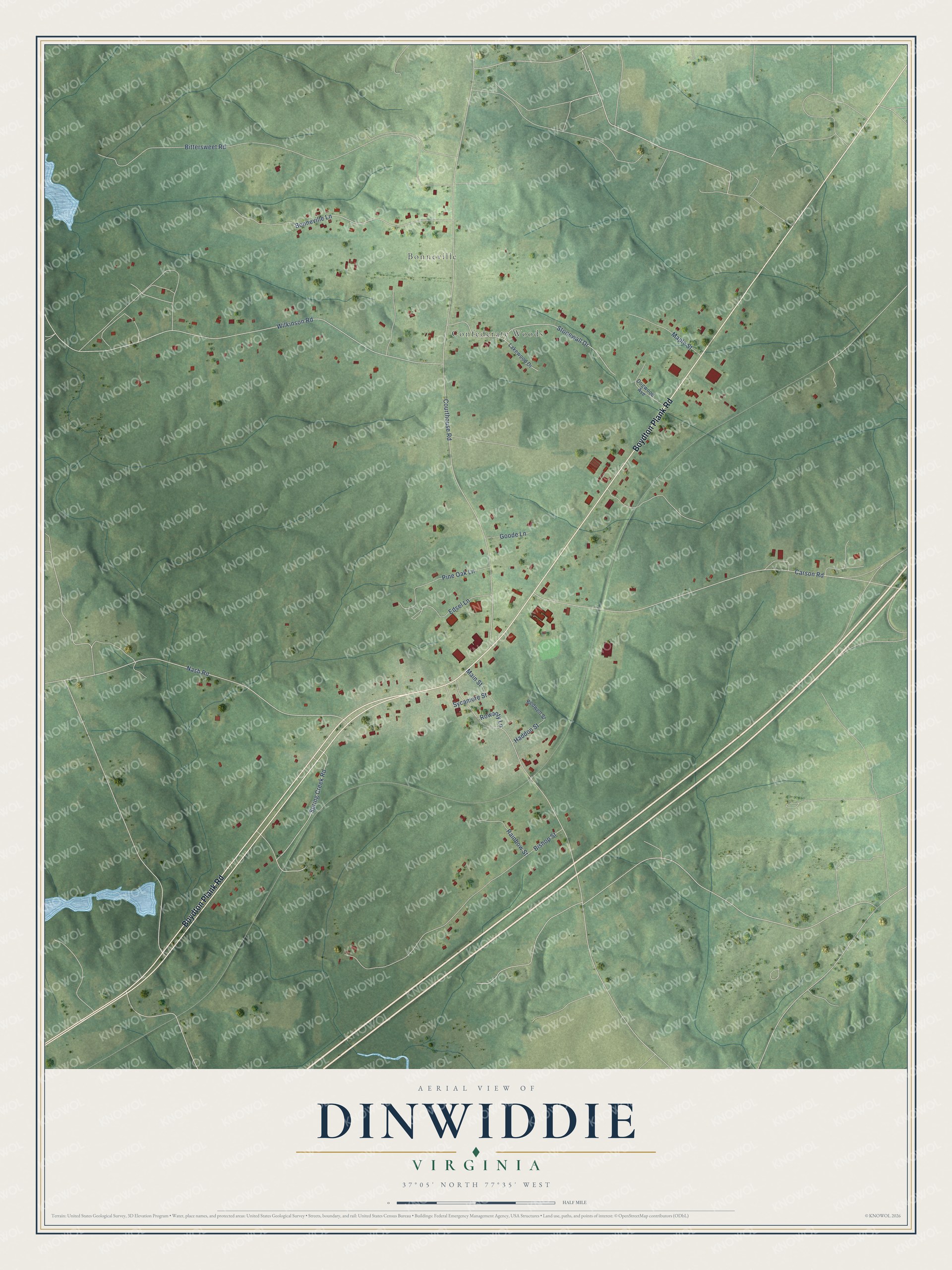 Full map of Dinwiddie, Virginia, with red buildings, printed street names and the land around them