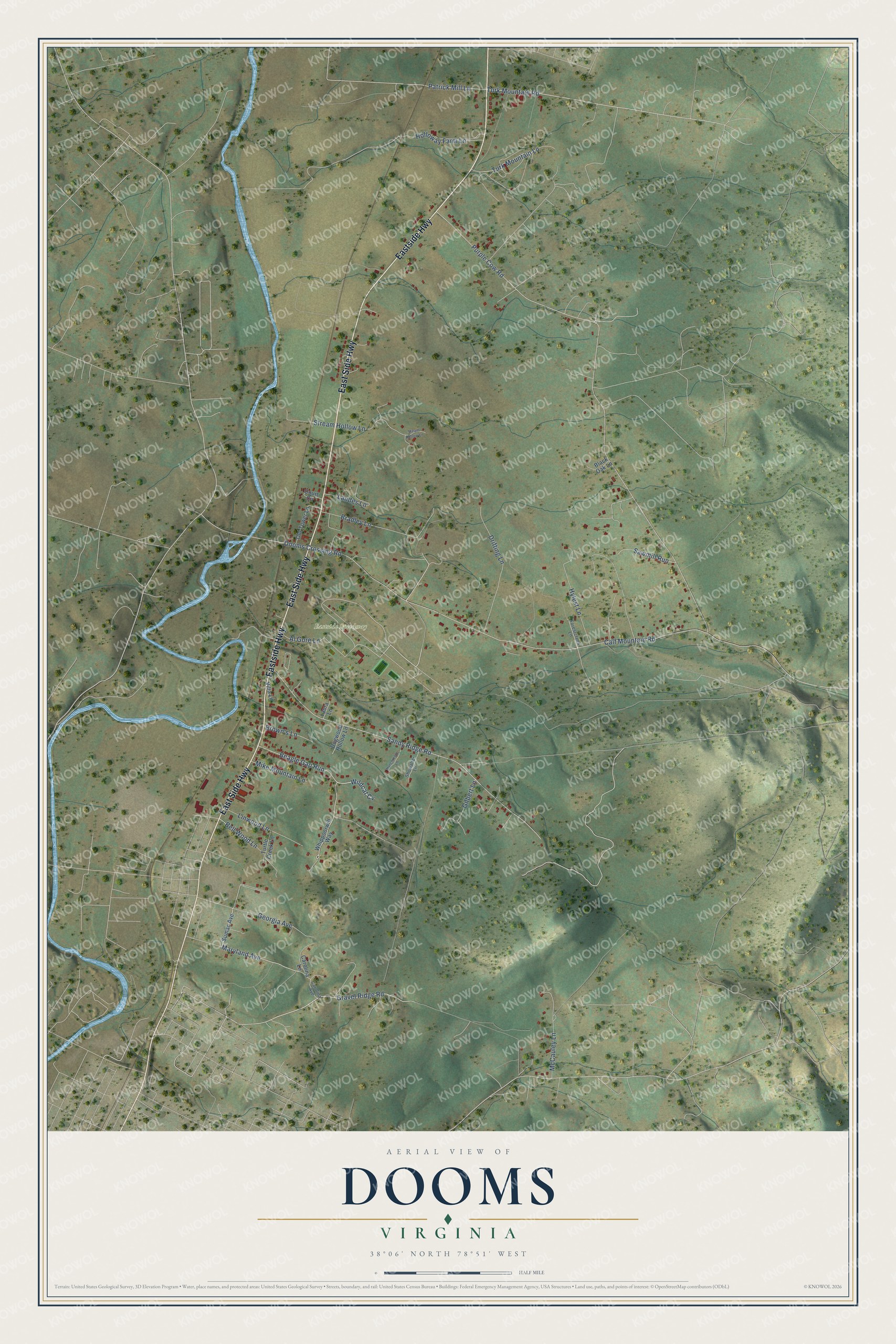 Full map of Dooms, Virginia, with red buildings, printed street names and the land around them