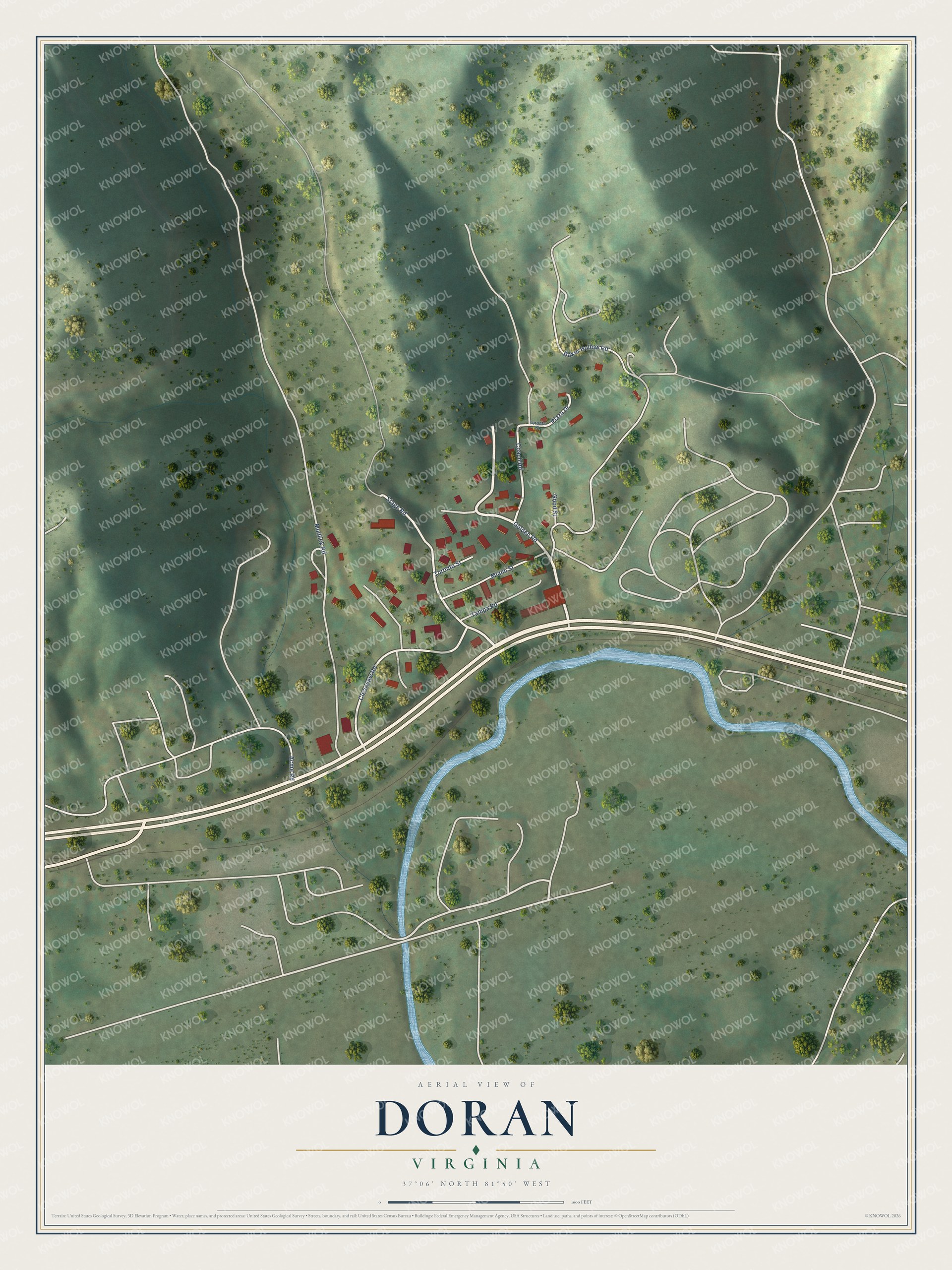 Full map of Doran, Virginia, with red buildings, printed street names and the land around them