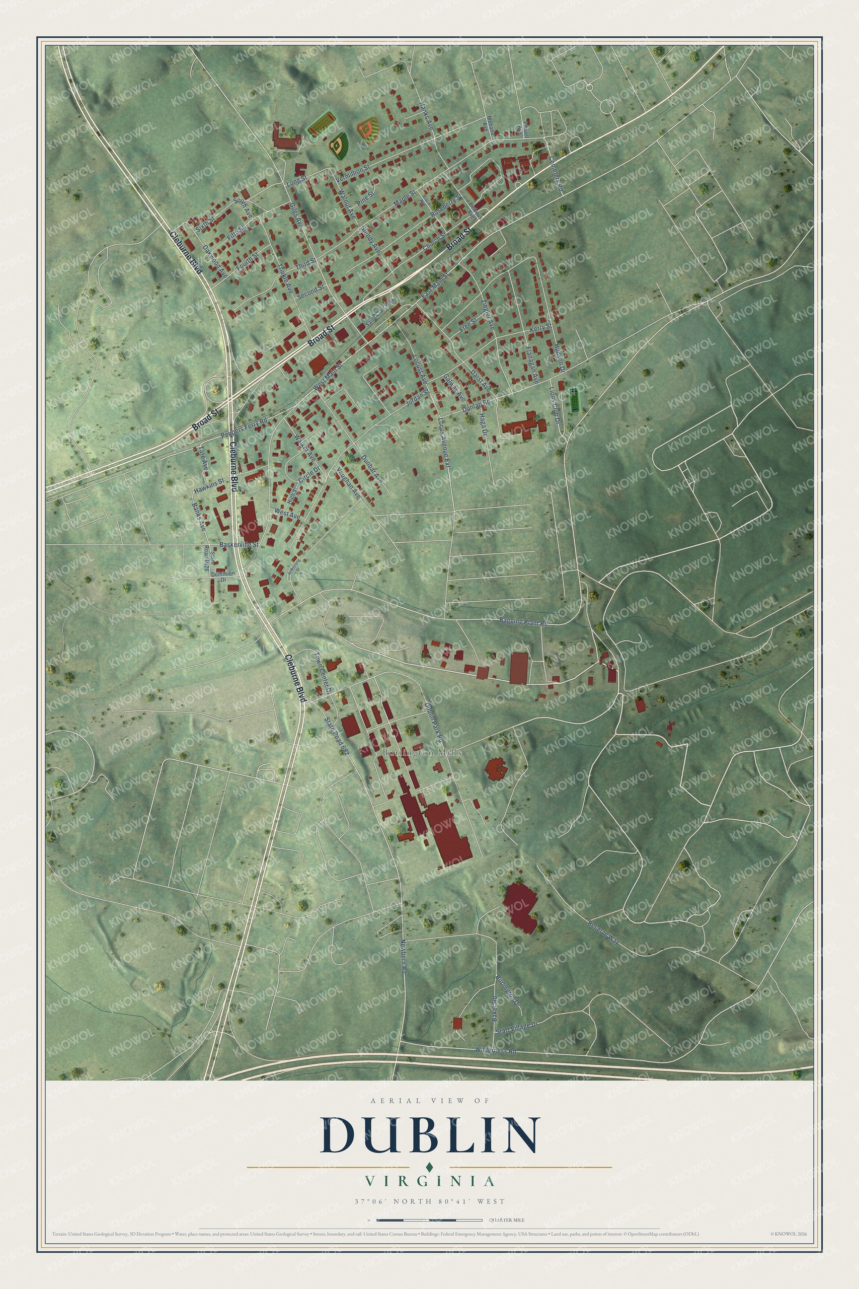 Full map of Dublin, Virginia, with red buildings, printed street names and the land around them