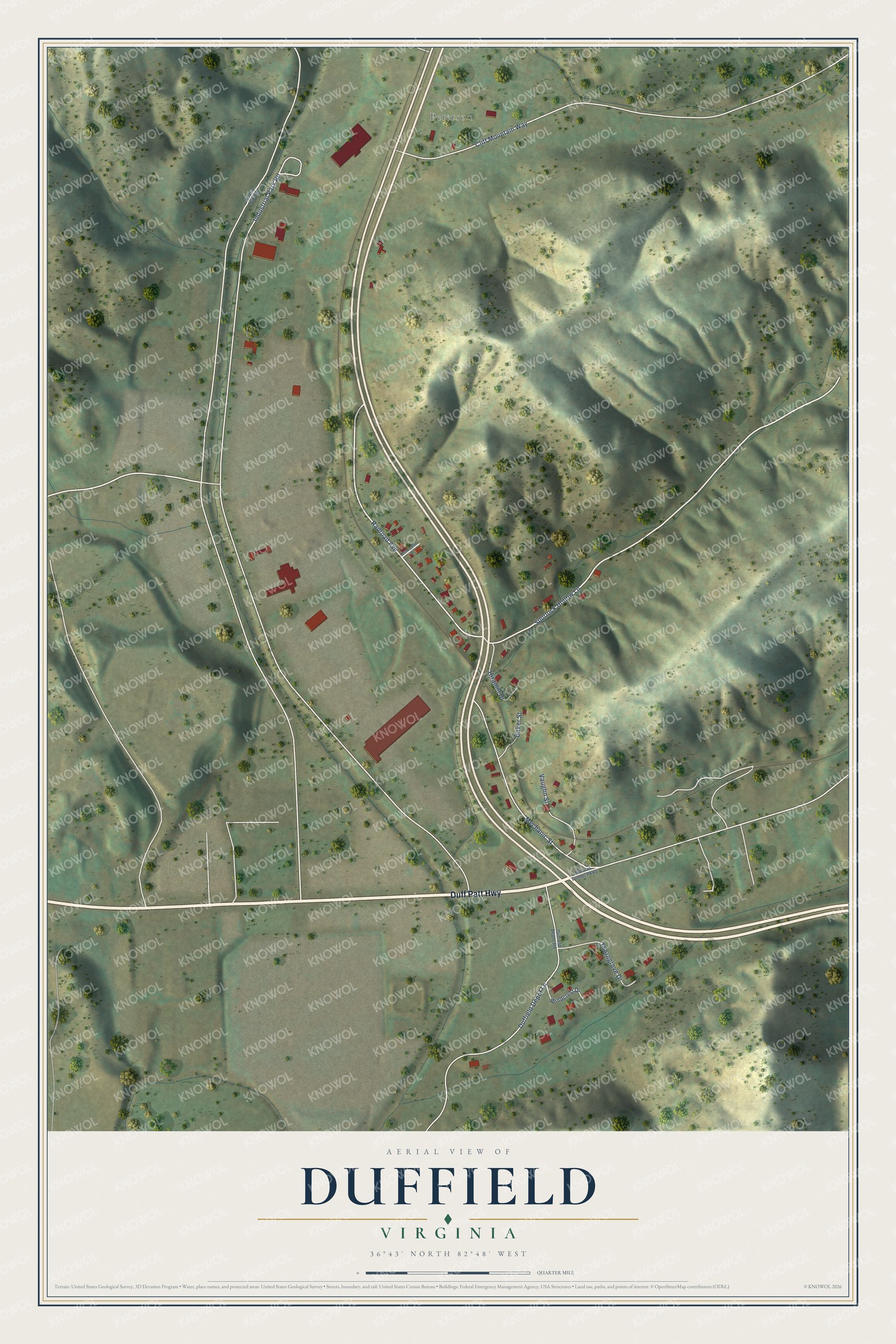 Full map of Duffield, Virginia, with red buildings, printed street names and the land around them