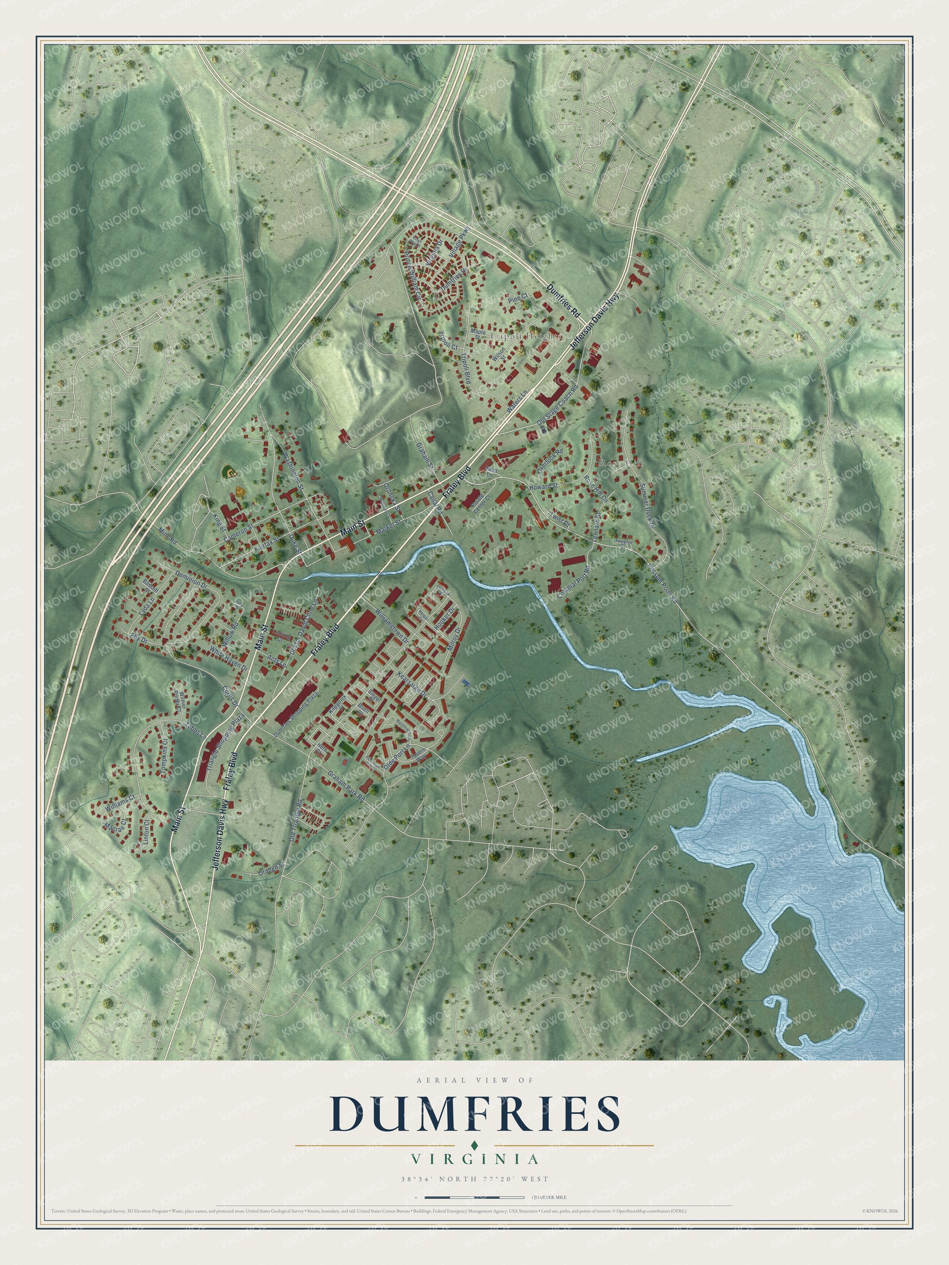 Full map of Dumfries, Virginia, with red buildings, printed street names and the land around them