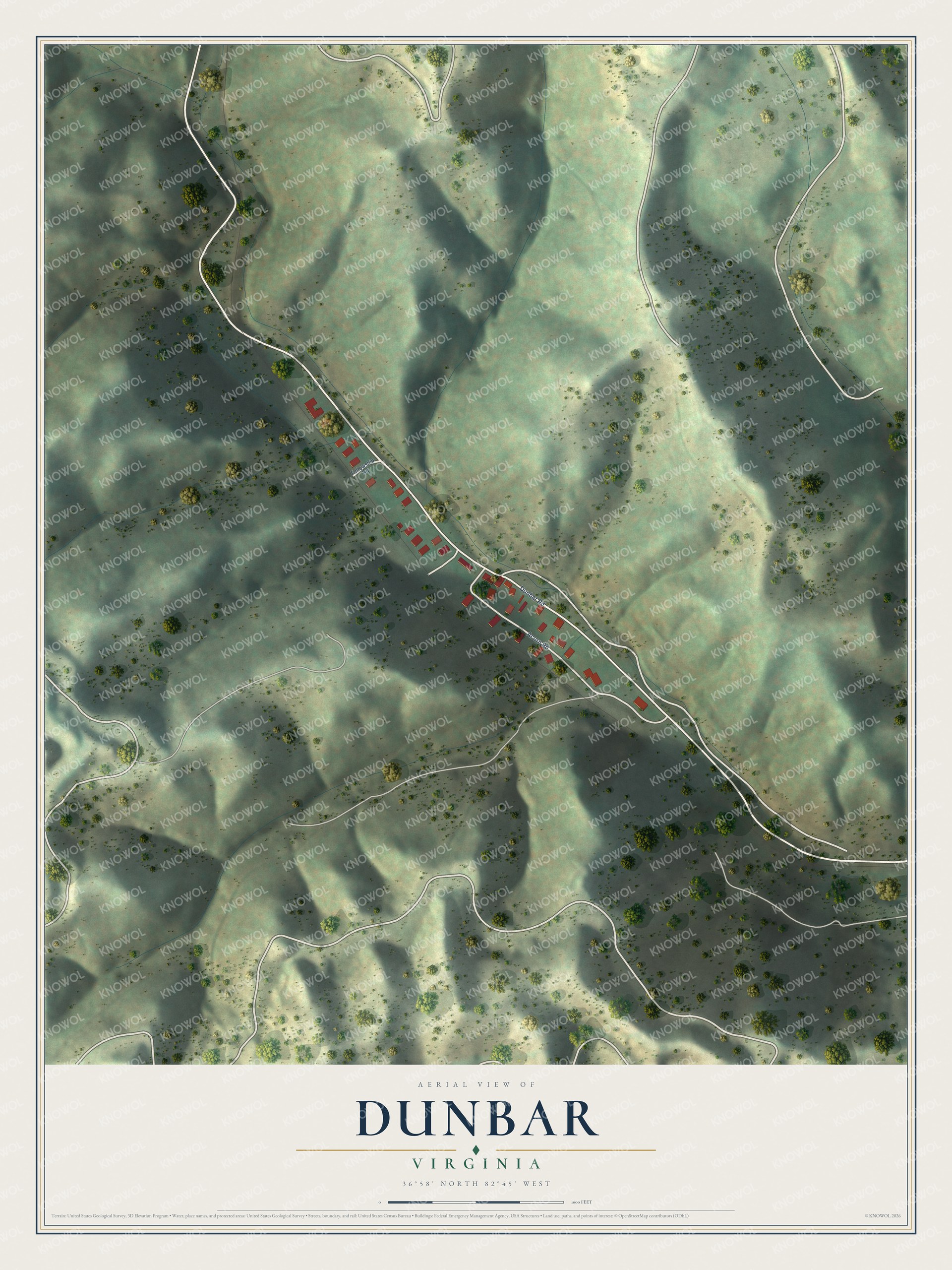 Full map of Dunbar, Virginia, with red buildings, printed street names and the land around them
