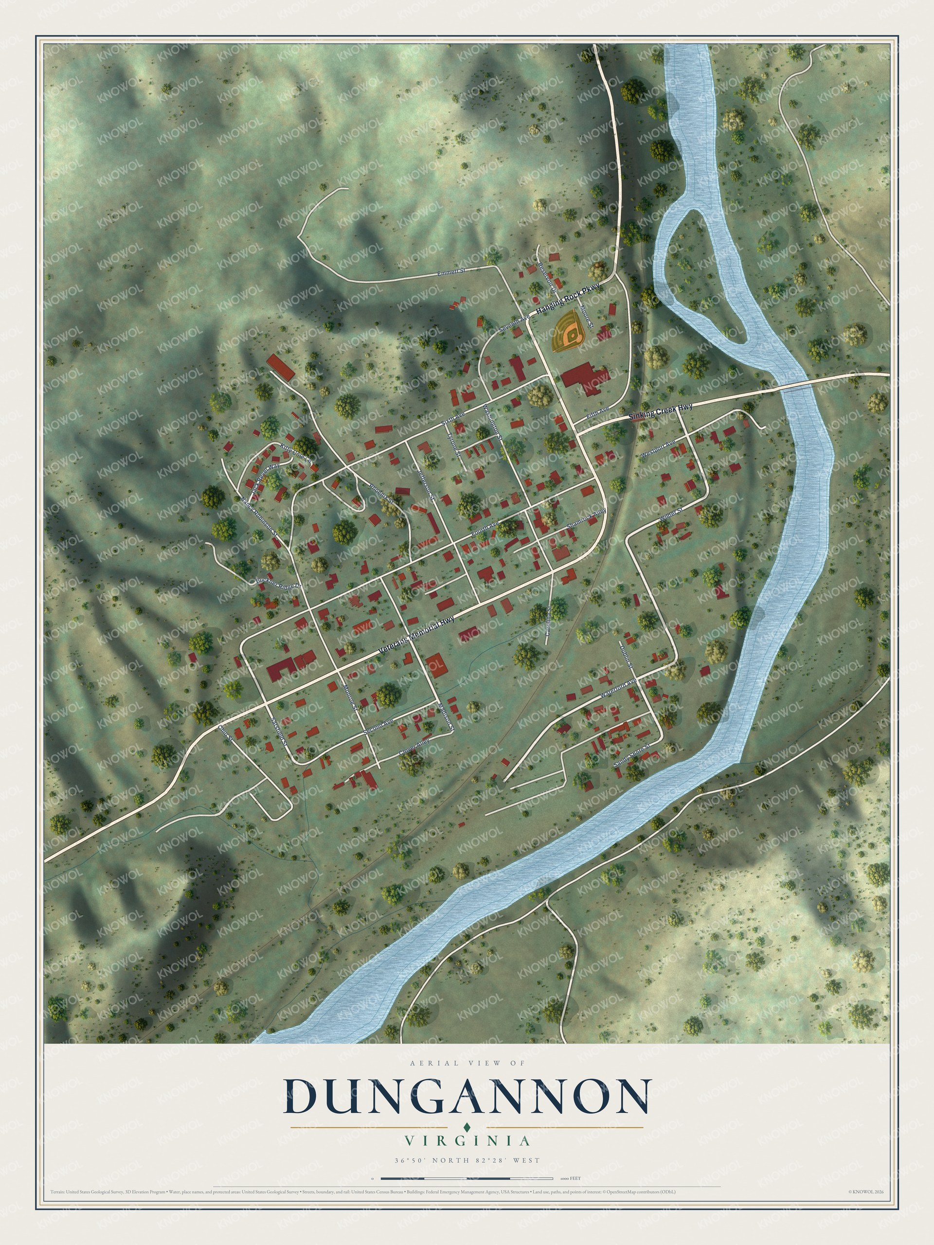 Full map of Dungannon, Virginia, with red buildings, printed street names and the land around them