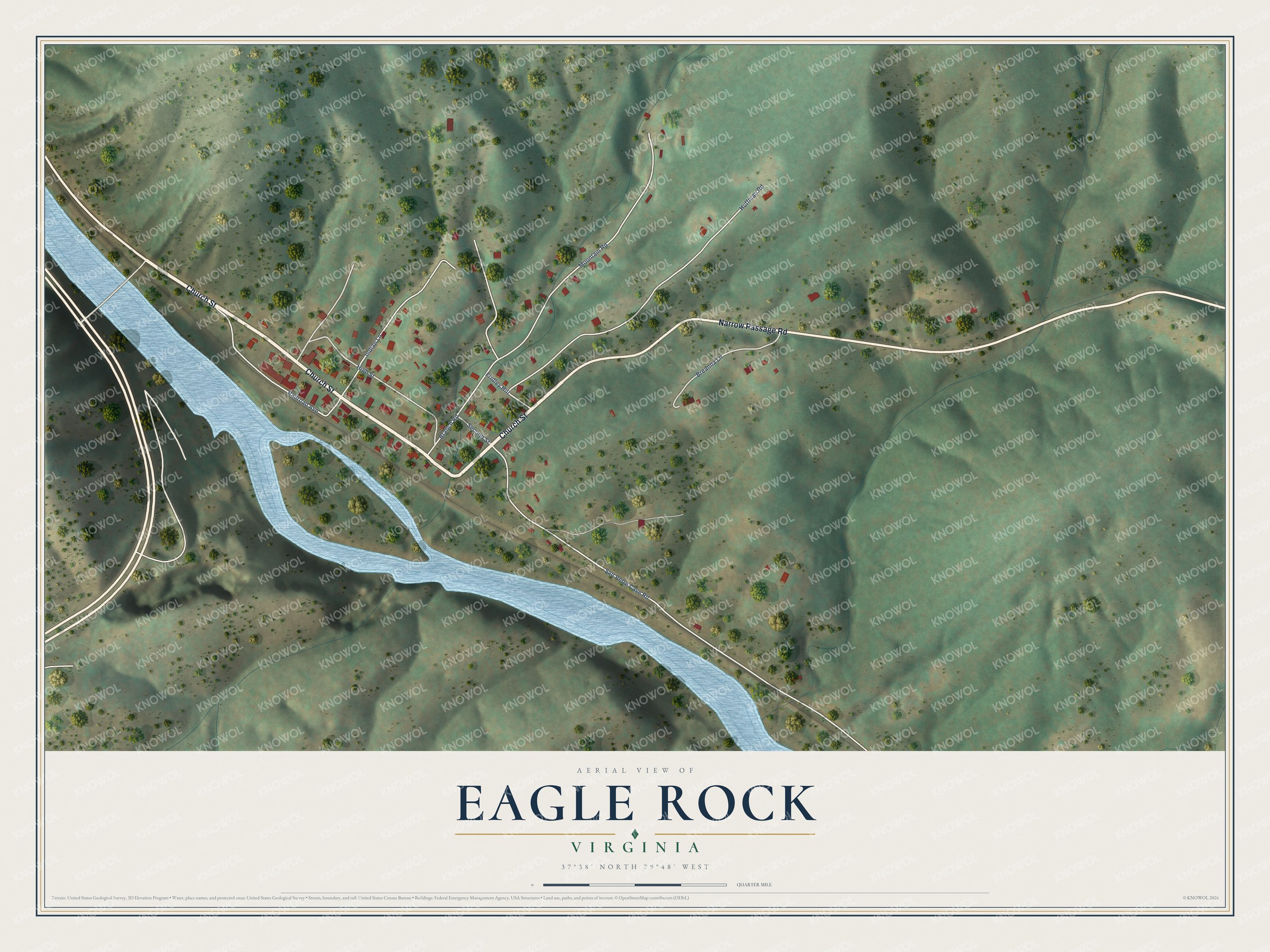 Full map of Eagle Rock, Virginia, with red buildings, printed street names and the land around them