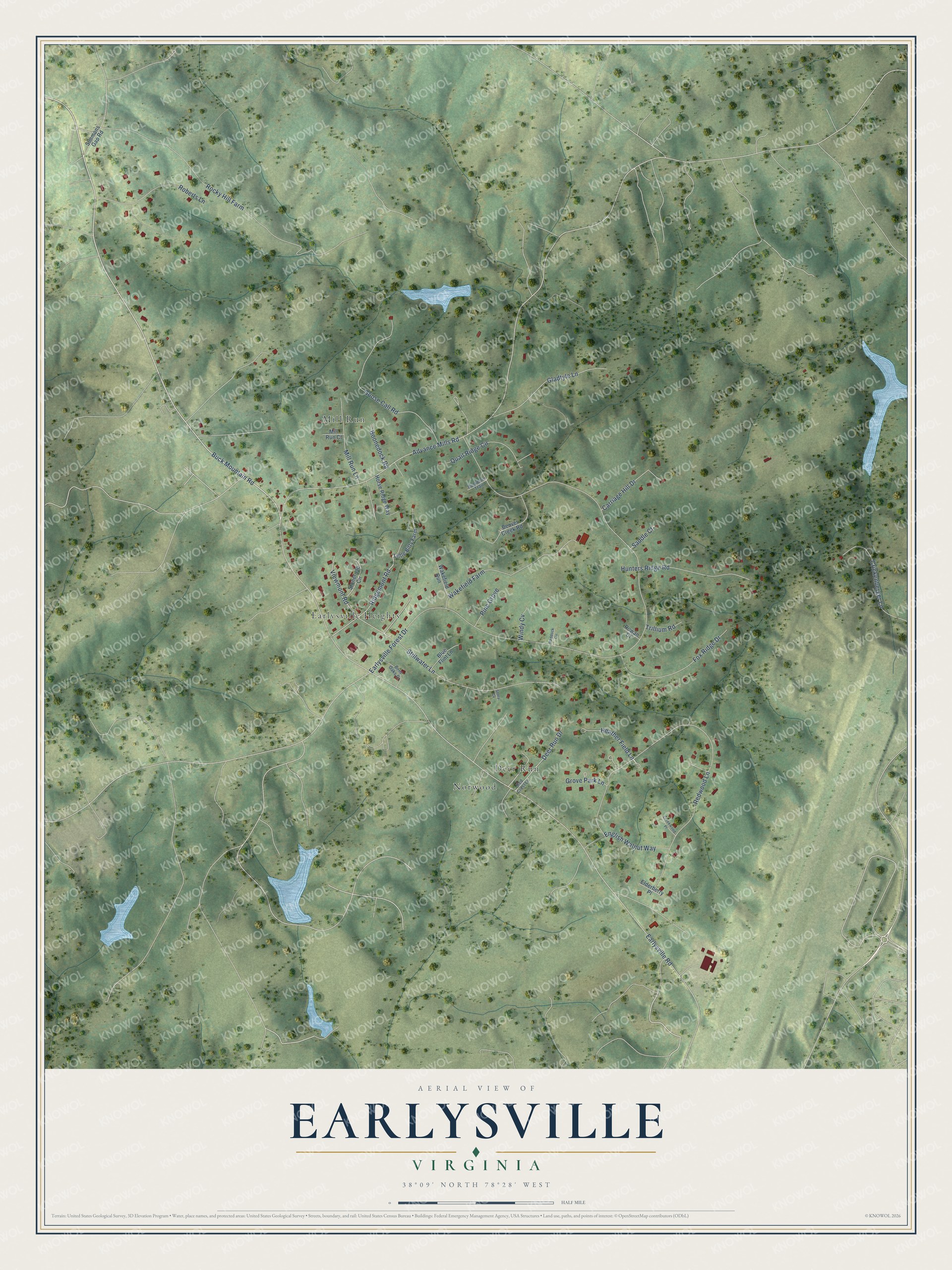 Full map of Earlysville, Virginia, with red buildings, printed street names and the land around them