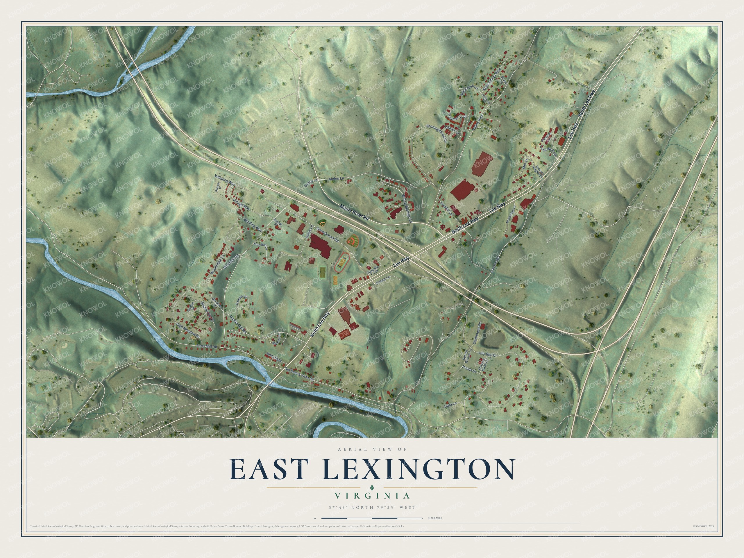 Full map of East Lexington, Virginia, with red buildings, printed street names and the land around them