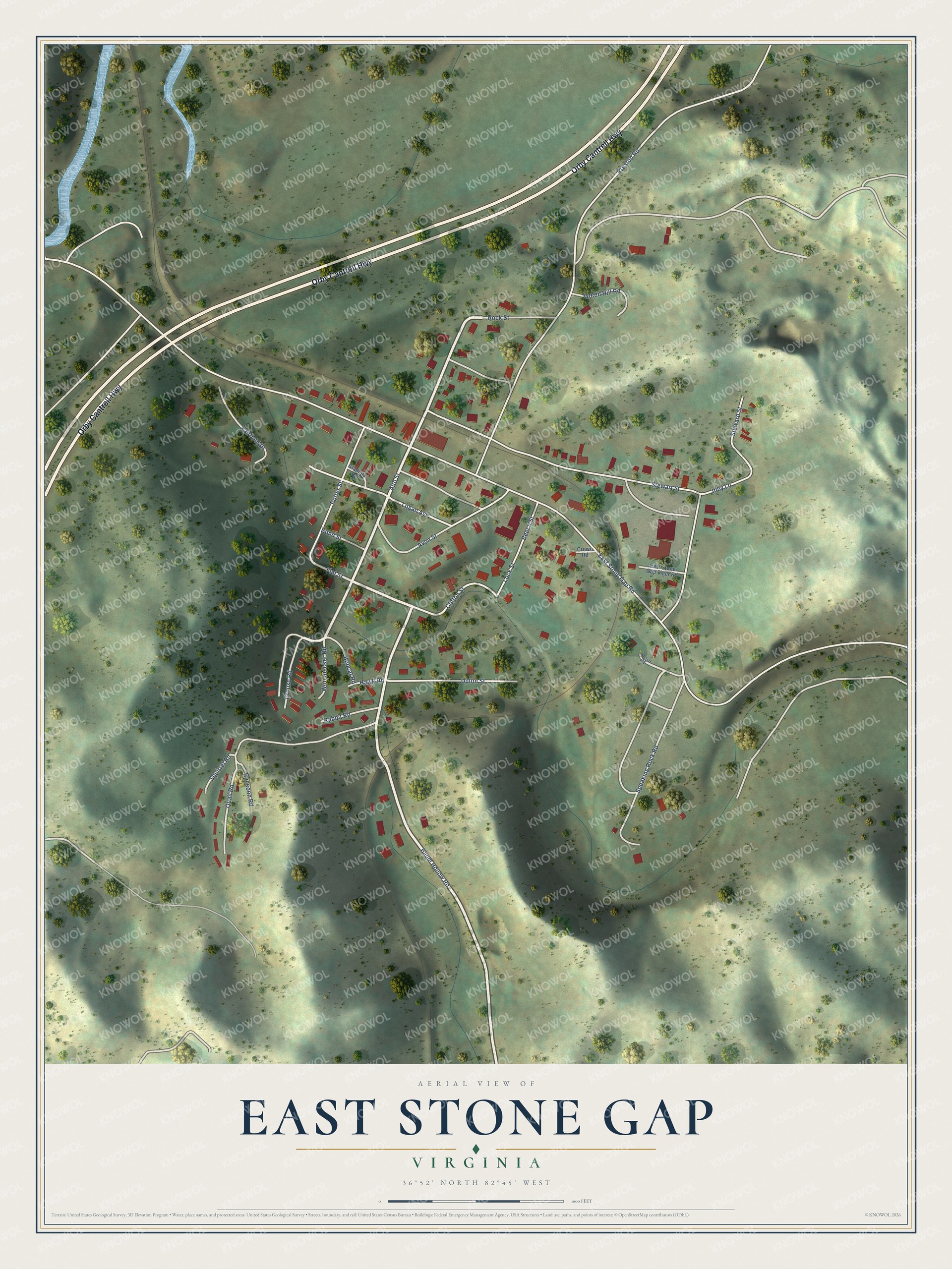Full map of East Stone Gap, Virginia, with red buildings, printed street names and the land around them