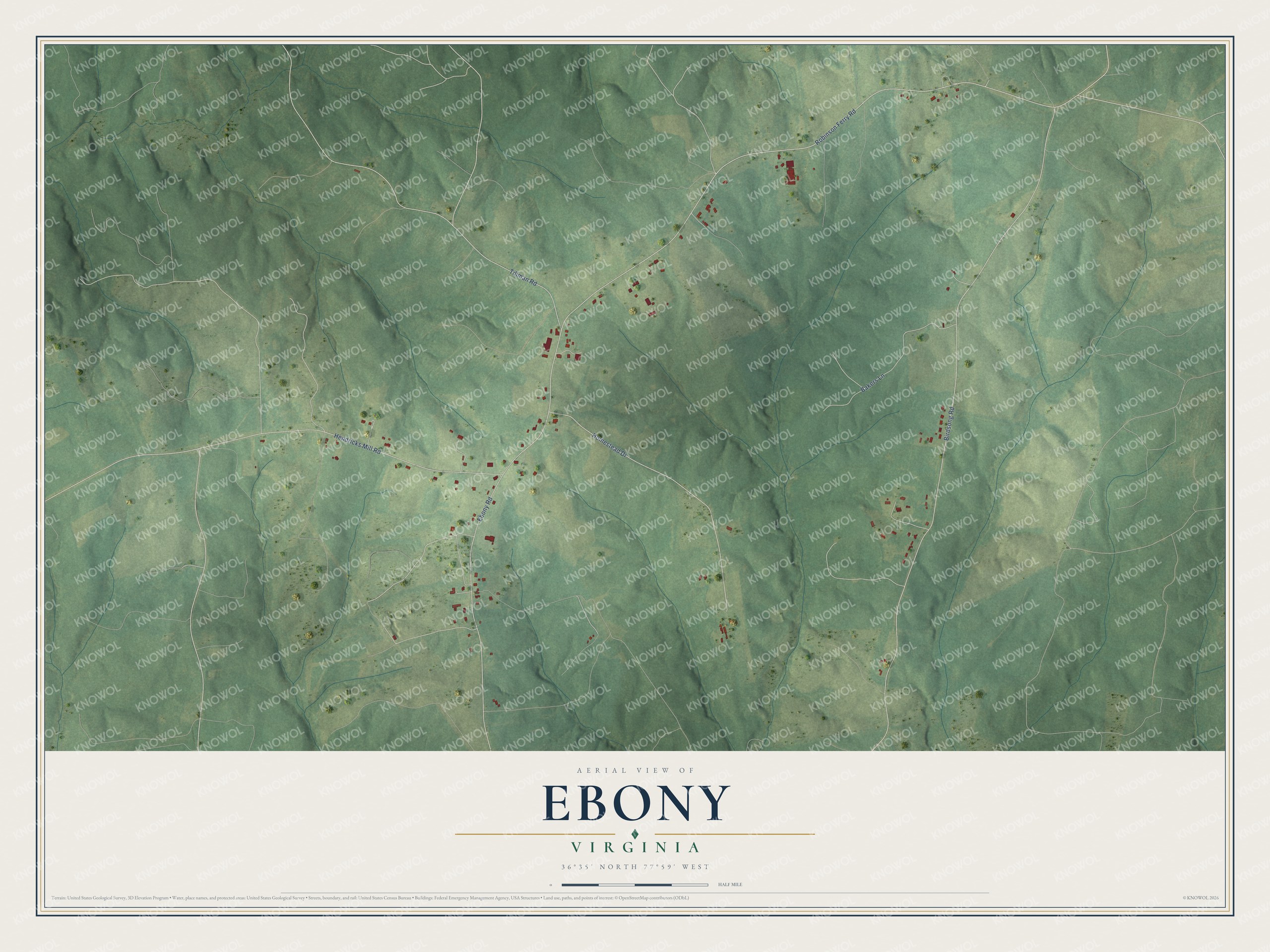 Full map of Ebony, Virginia, with red buildings, printed street names and the land around them