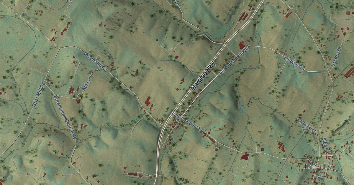 Close-up of streets and buildings in Edom, Virginia
