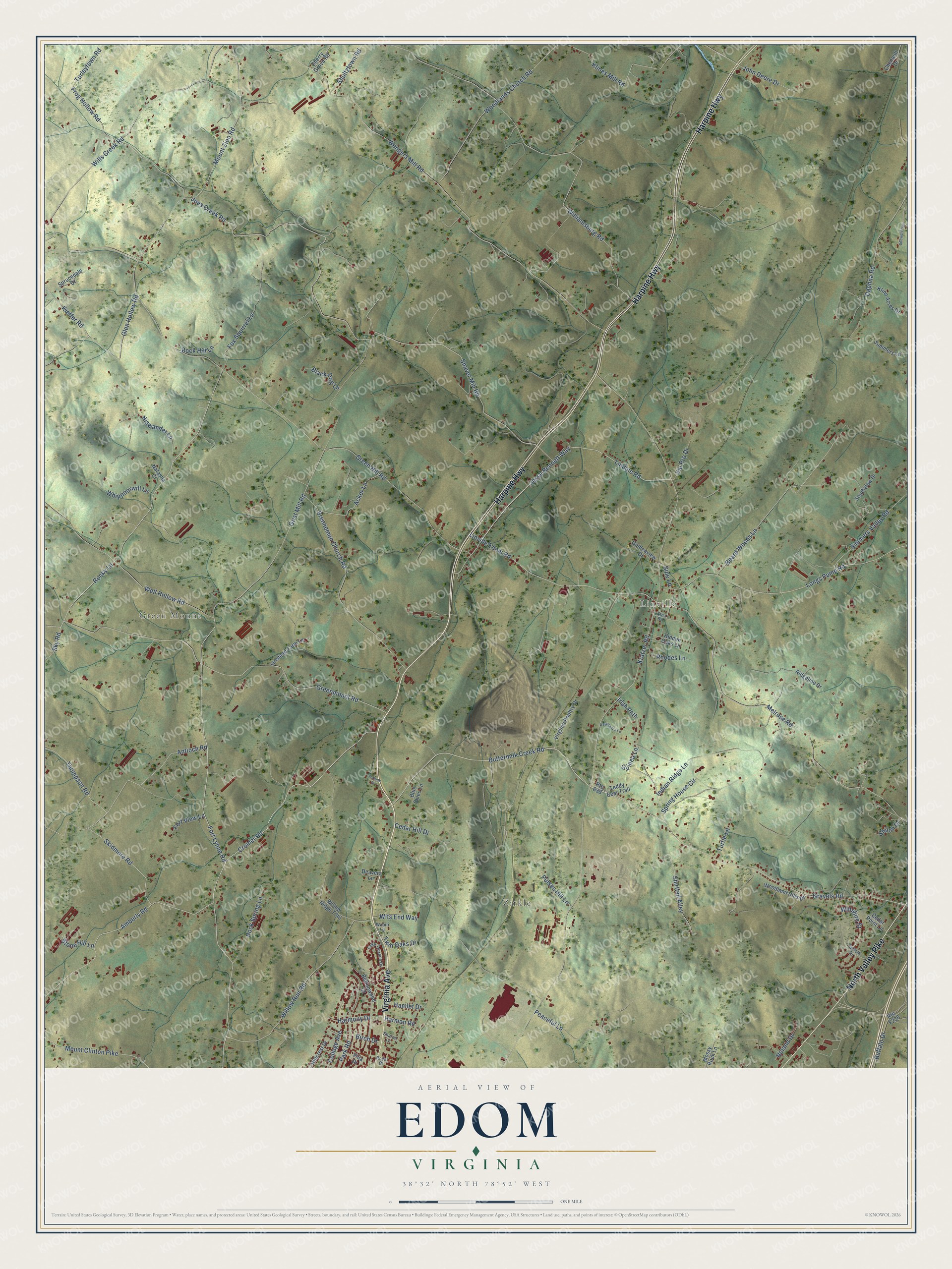 Full map of Edom, Virginia, with red buildings, printed street names and the land around them