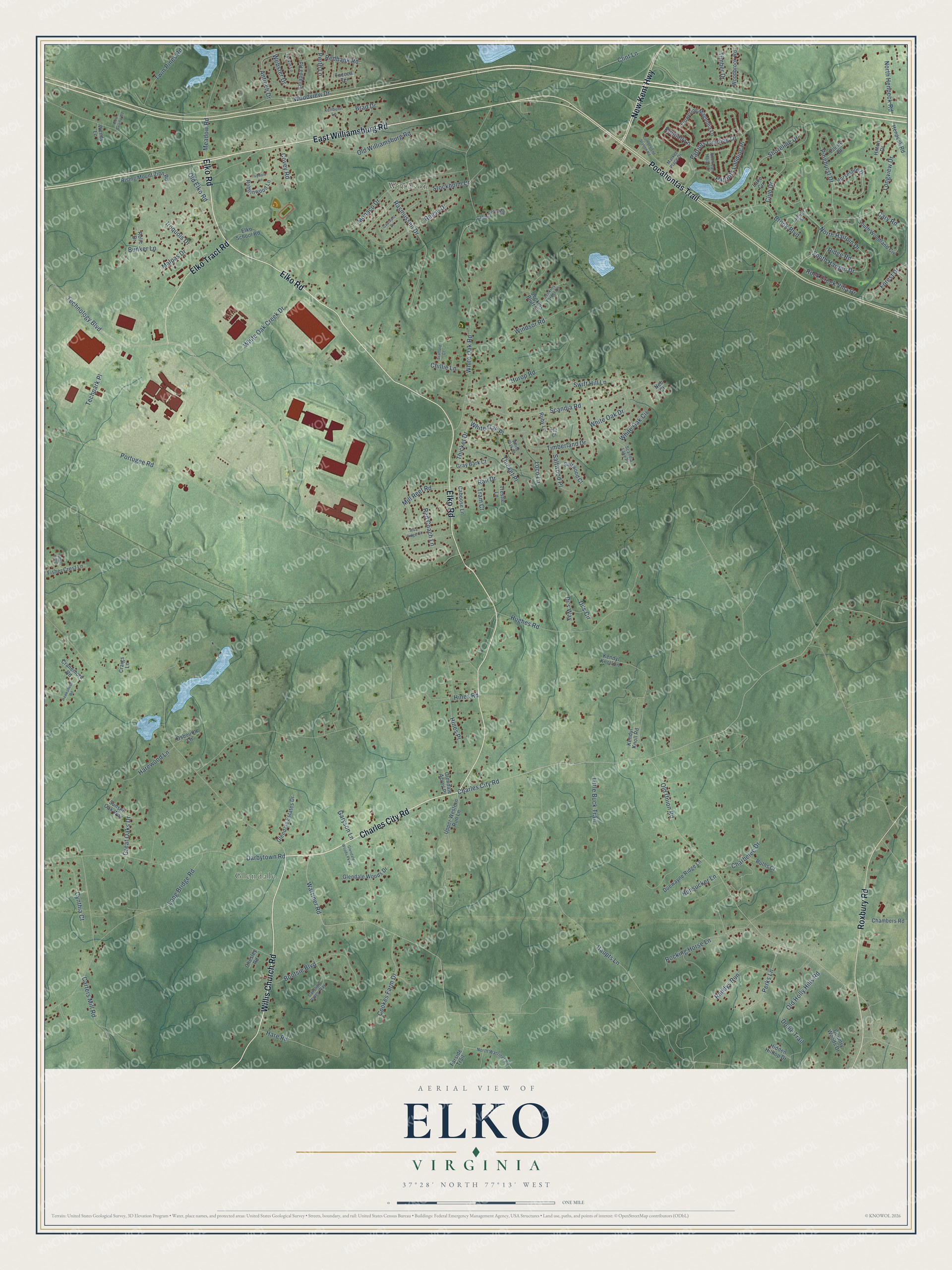 Full map of Elko, Virginia, with red buildings, printed street names and the land around them