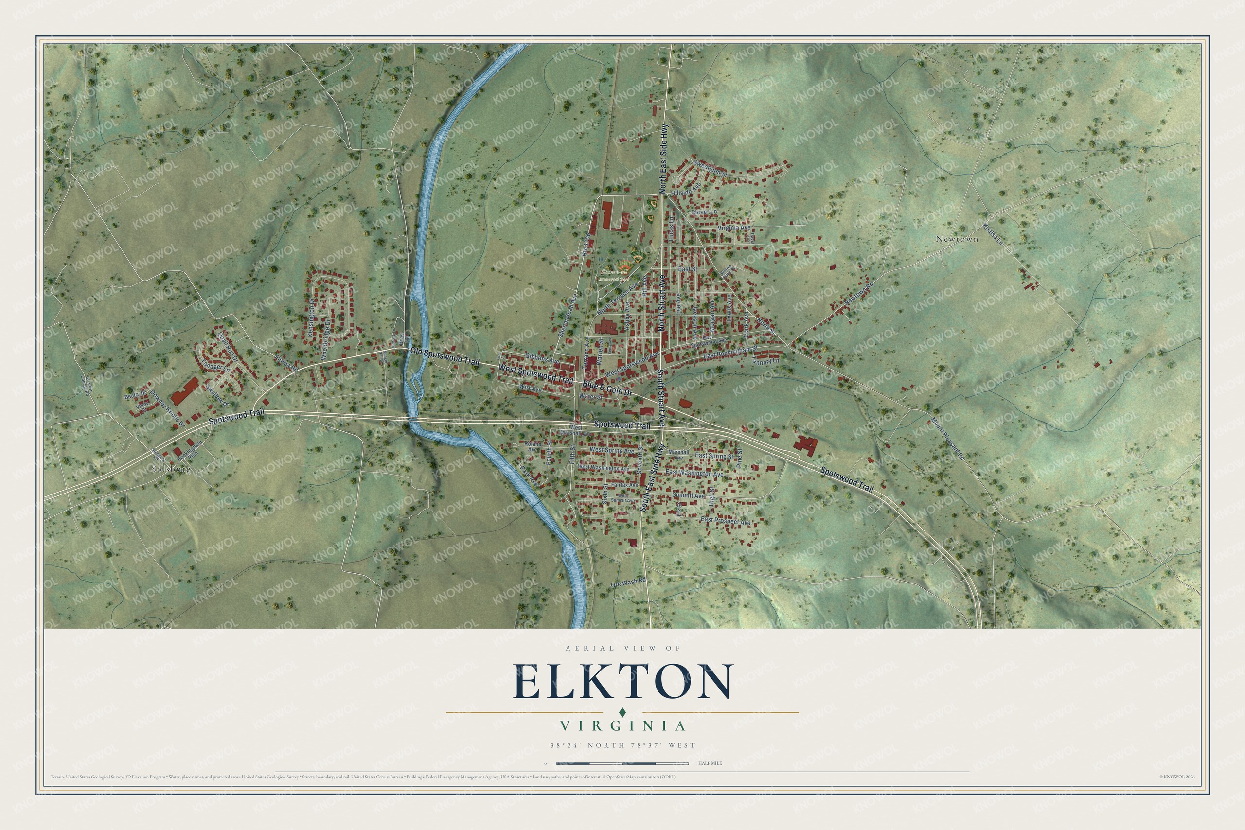 Full map of Elkton, Virginia, with red buildings, printed street names and the land around them