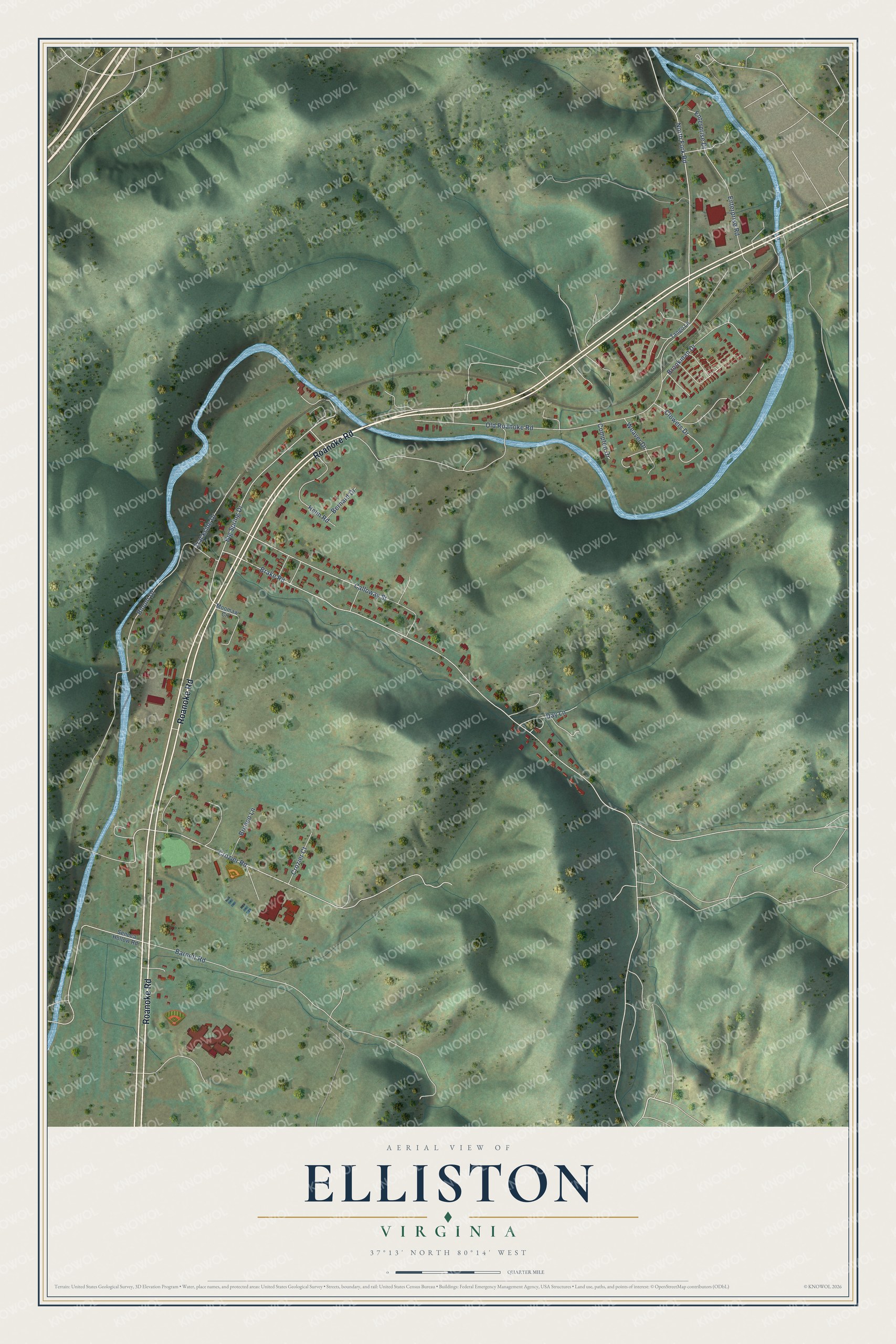 Full map of Elliston, Virginia, with red buildings, printed street names and the land around them