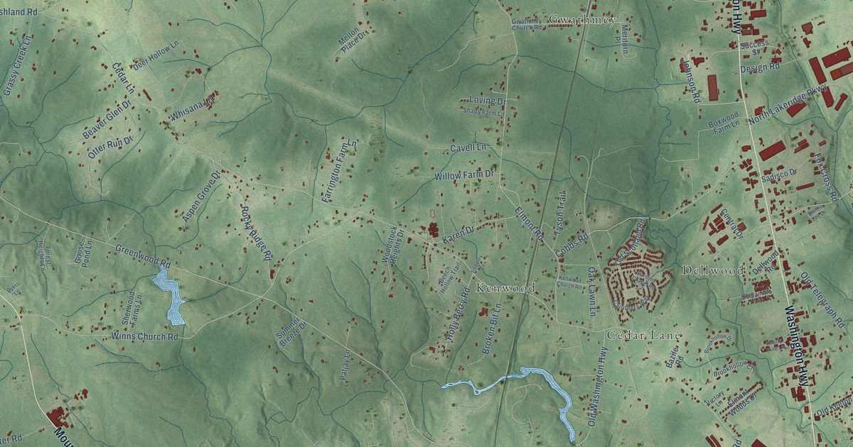 Close-up of streets and buildings in Elmont, Virginia
