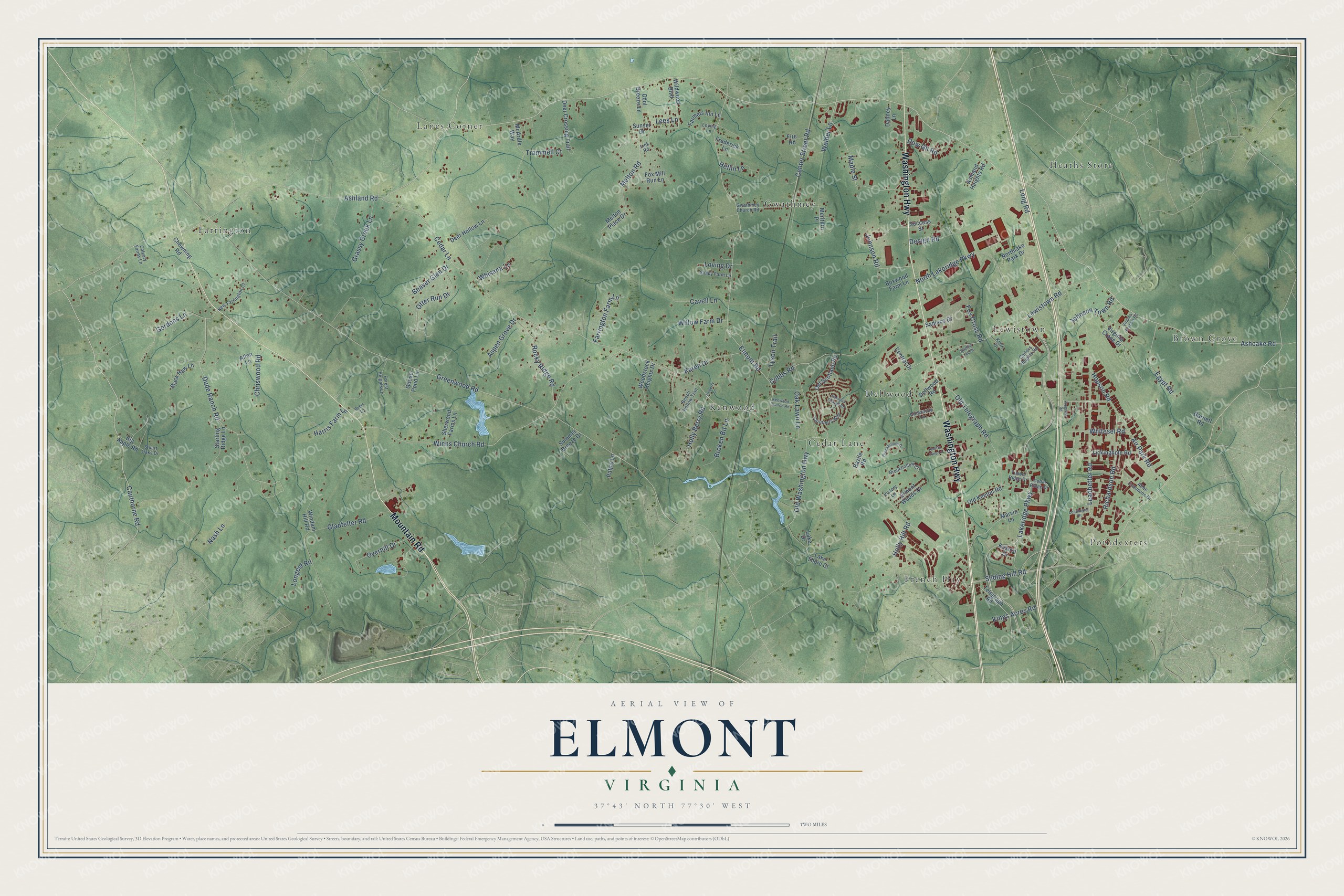 Full map of Elmont, Virginia, with red buildings, printed street names and the land around them
