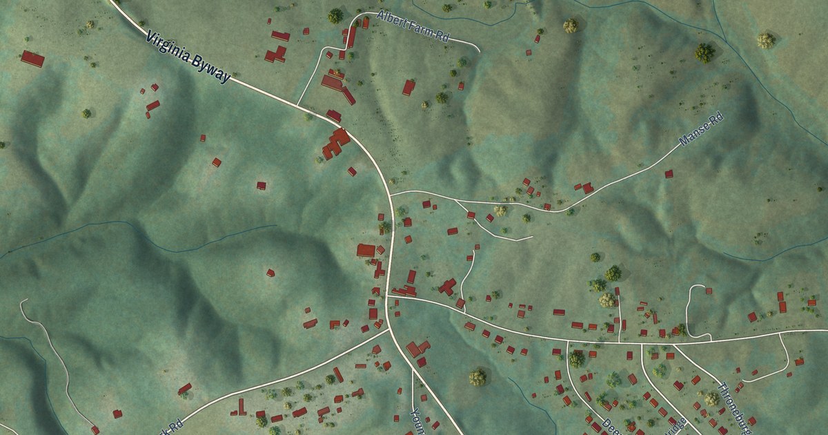 Close-up of streets and buildings in Elon, Virginia