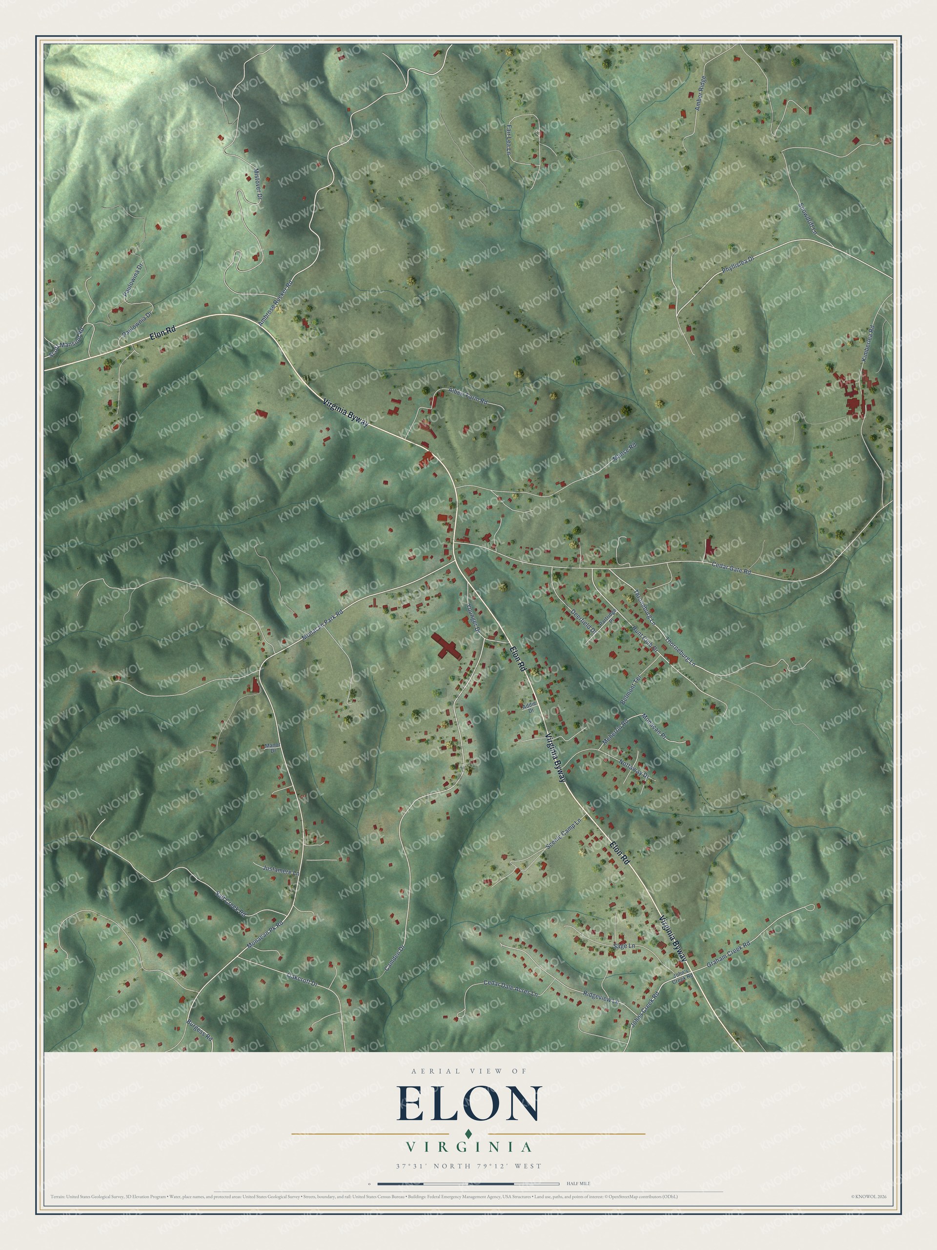 Full map of Elon, Virginia, with red buildings, printed street names and the land around them