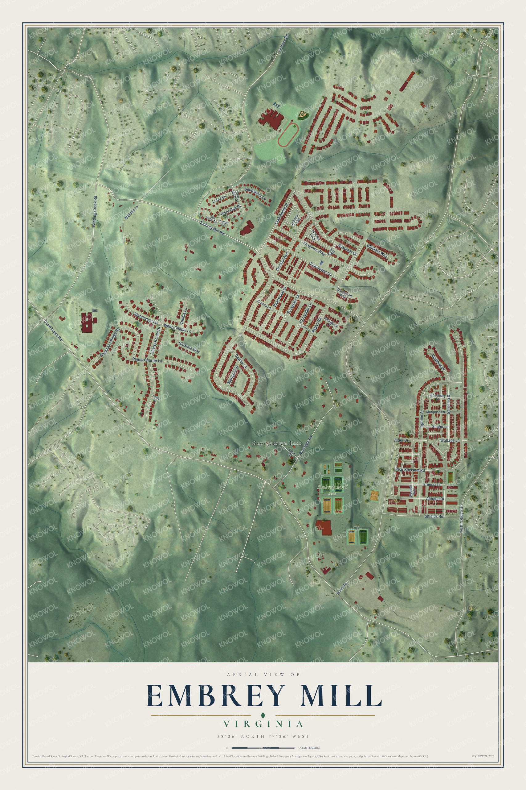 Full map of Embrey Mill, Virginia, with red buildings, printed street names and the land around them
